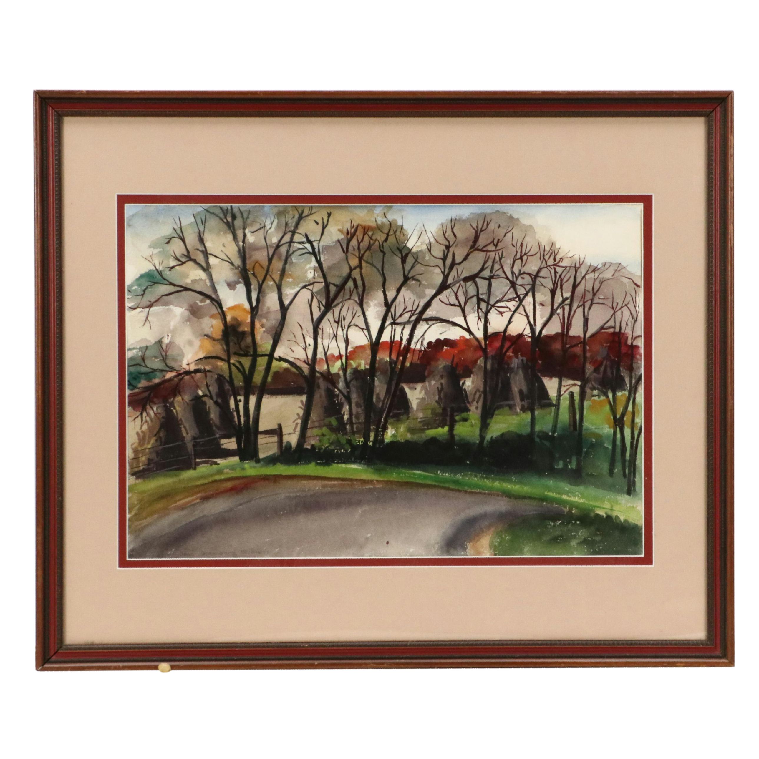 Jean Greenburg Helburn Rural Landscape Watercolor Painting, Late 20th Century