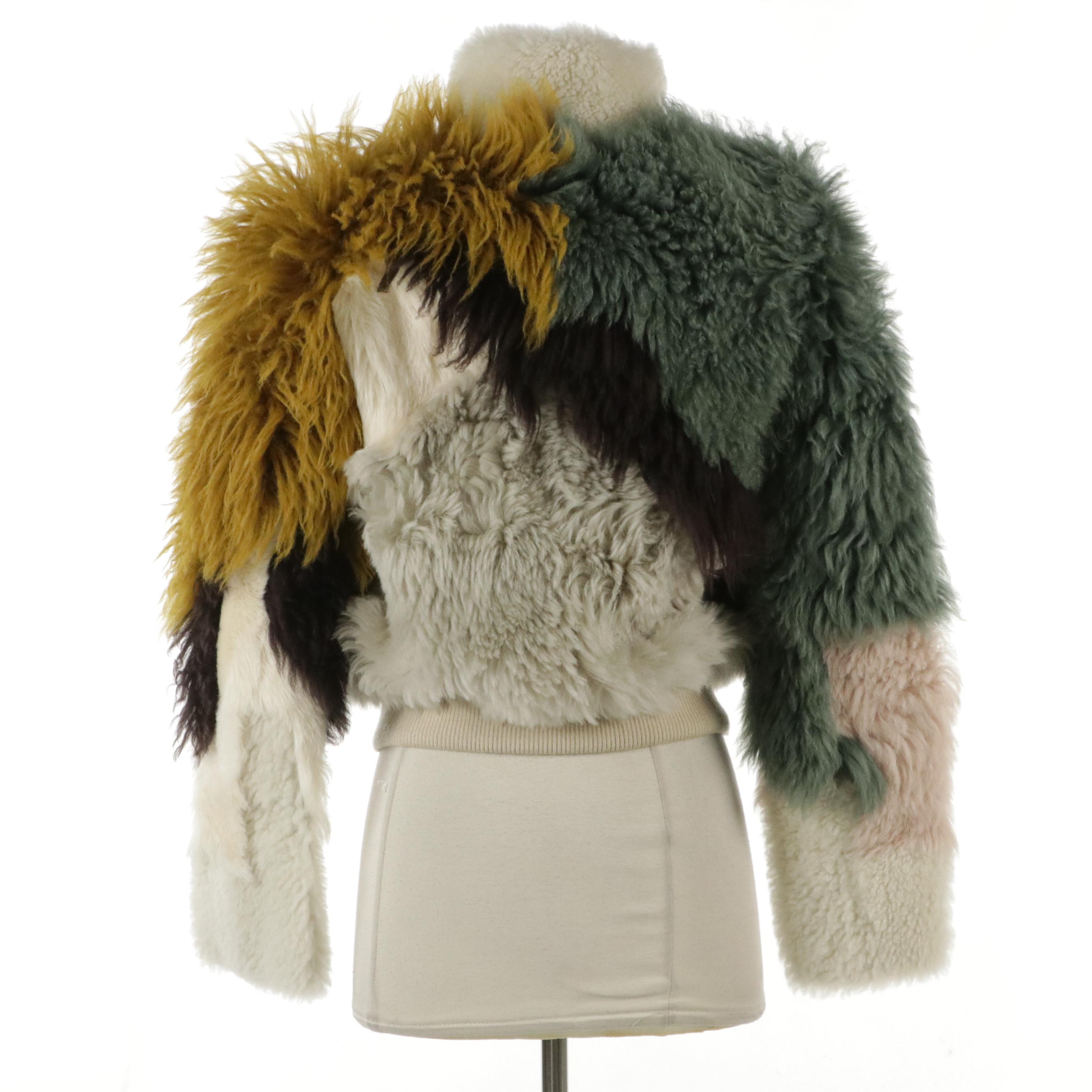 Coach Pieced Multicolor Shearling Lamb Fur Crop Jacket