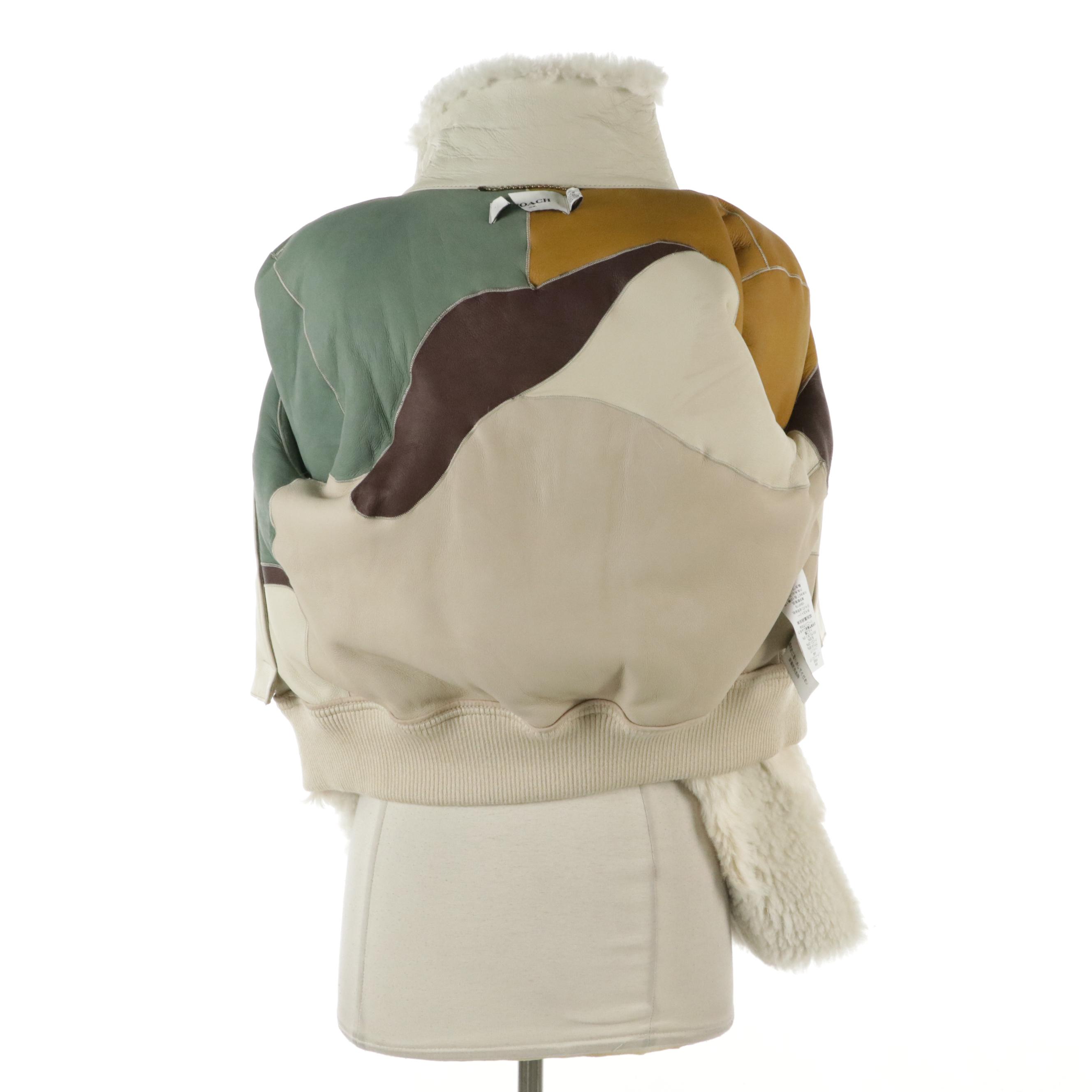 Coach Pieced Multicolor Shearling Lamb Fur Crop Jacket