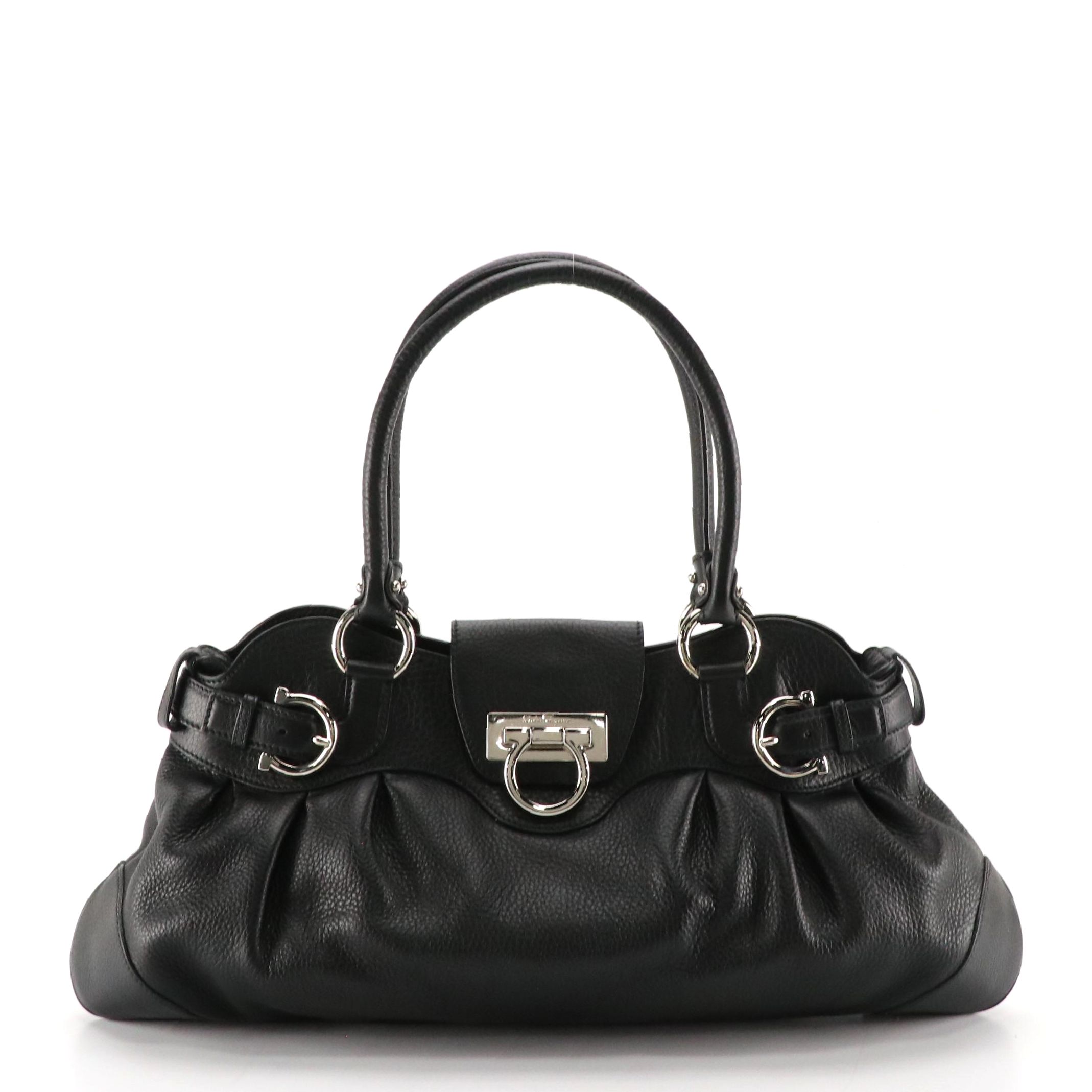 Salvatore Ferragamo Marisa Shoulder Bag in Black Grained Calfskin Leather