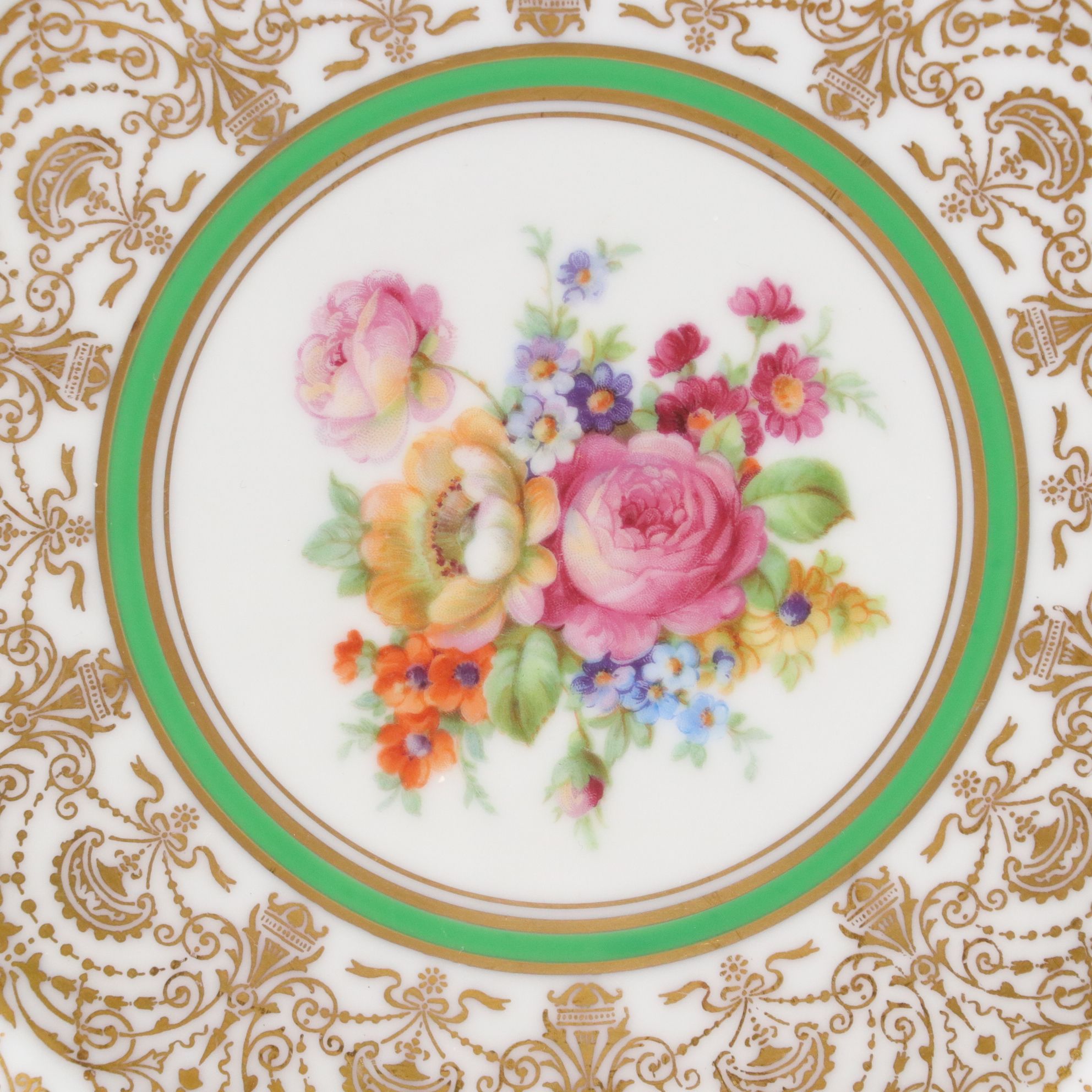 Heinrich & Co. Bavarian Porcelain Gold-Rimmed Plates with Floral Decorations
