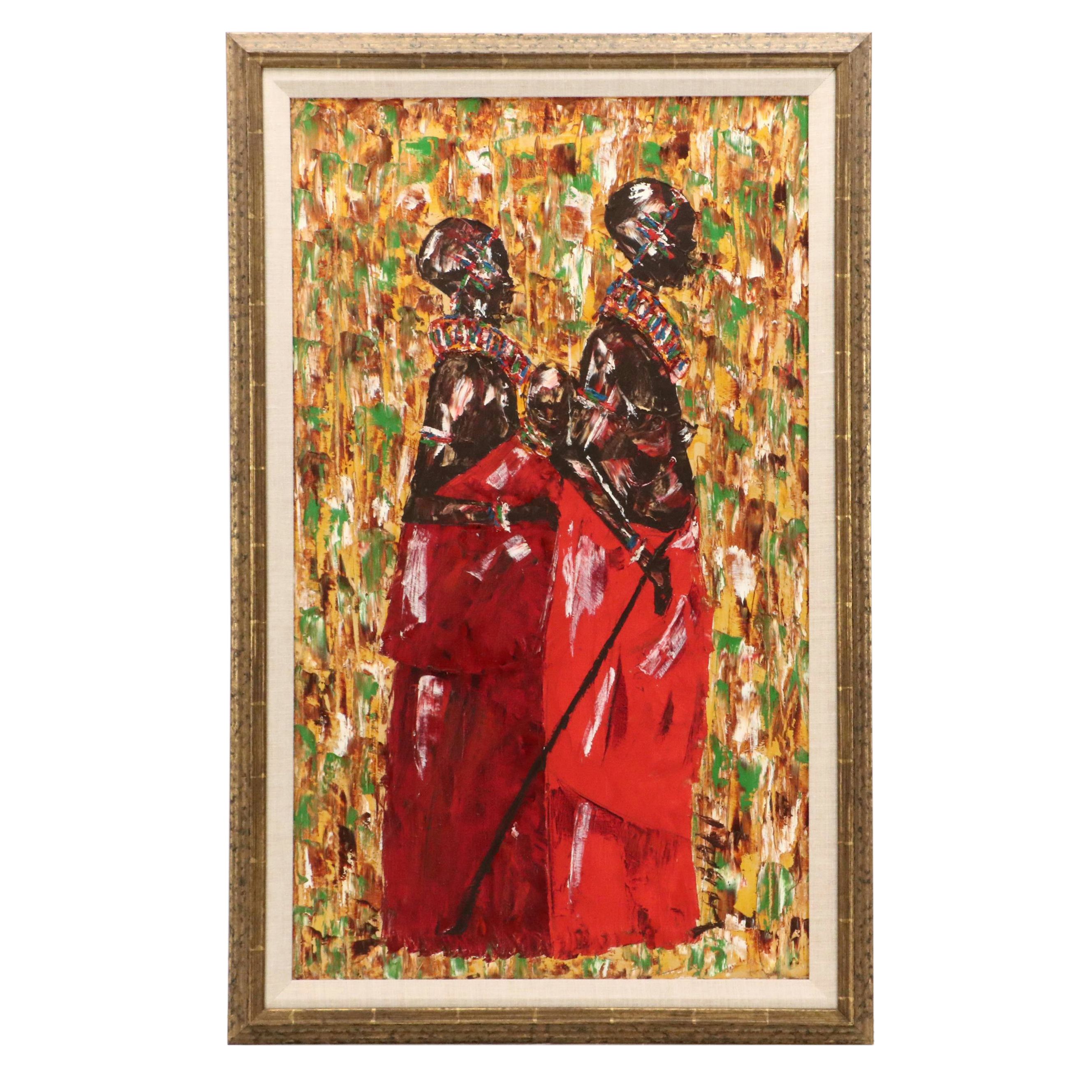 Figural Impasto Oil Painting of African Women with Child