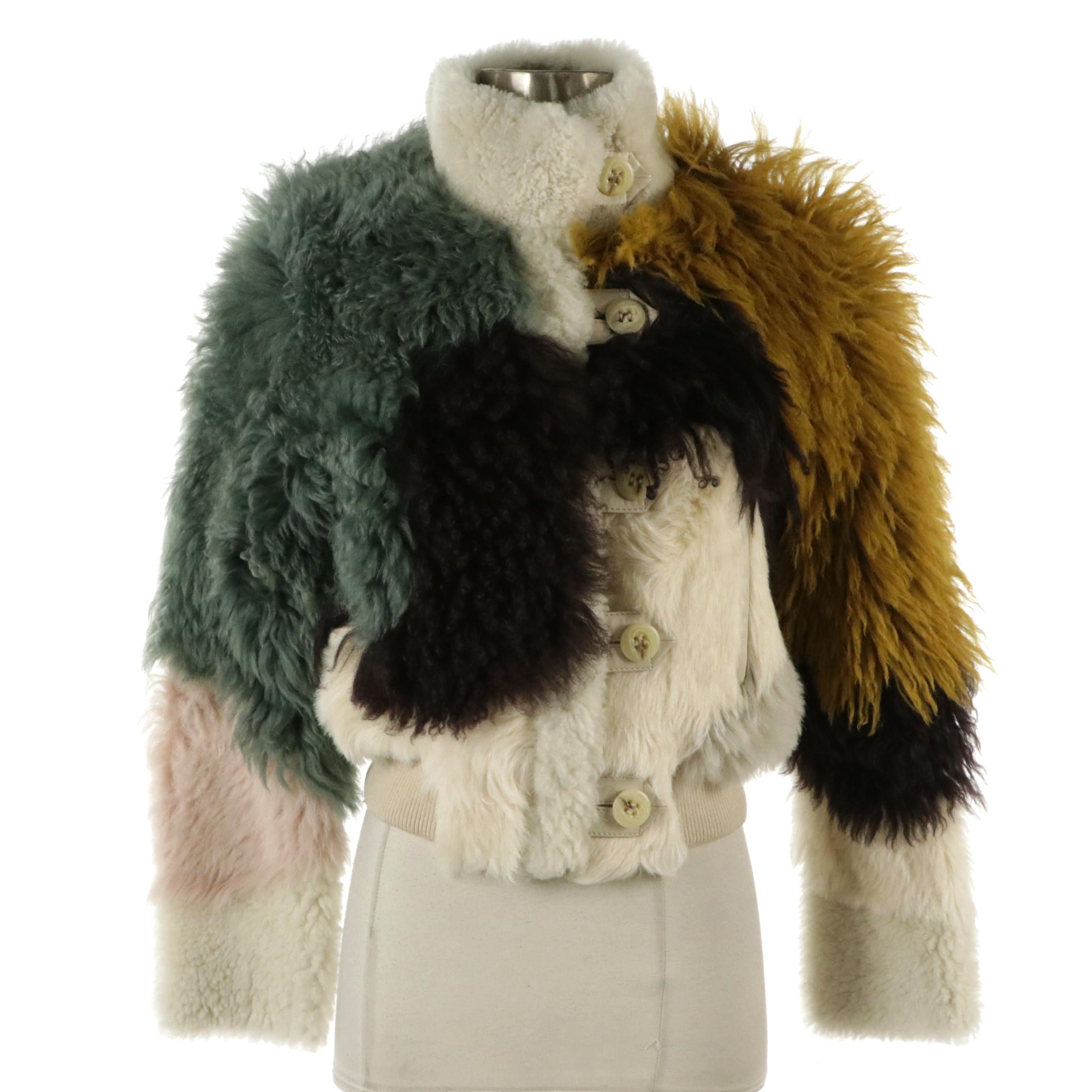 Coach Pieced Multicolor Shearling Lamb Fur Crop Jacket