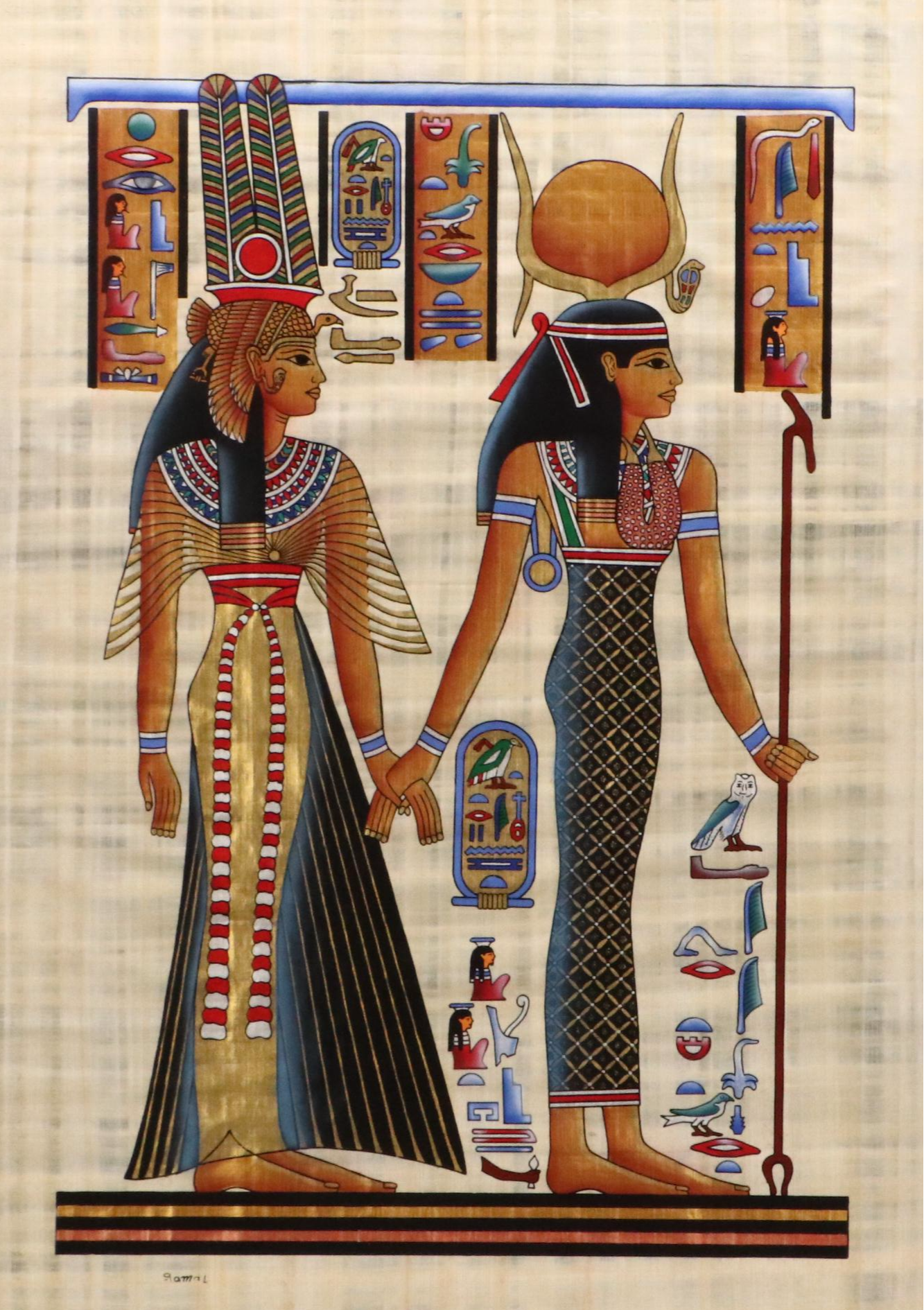 Egyptian Style Souvenir Gouache Painting on Papyrus of Isis Leading Nefertari