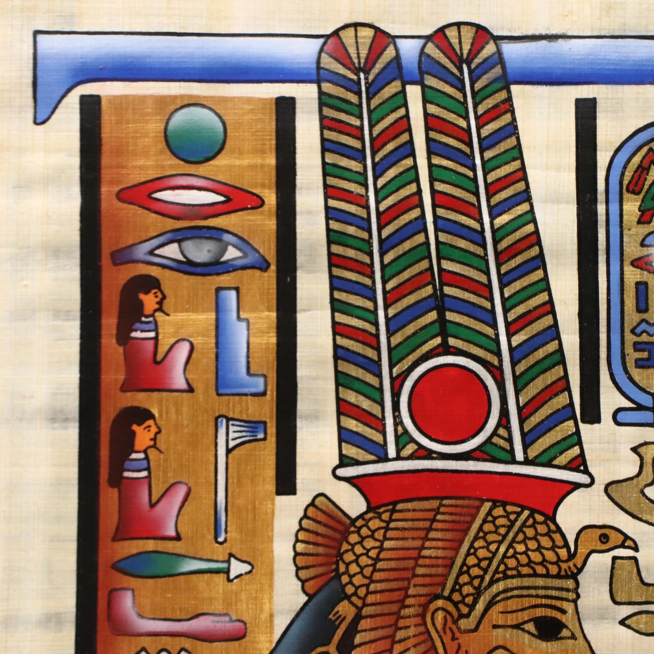Egyptian Style Souvenir Gouache Painting on Papyrus of Isis Leading Nefertari