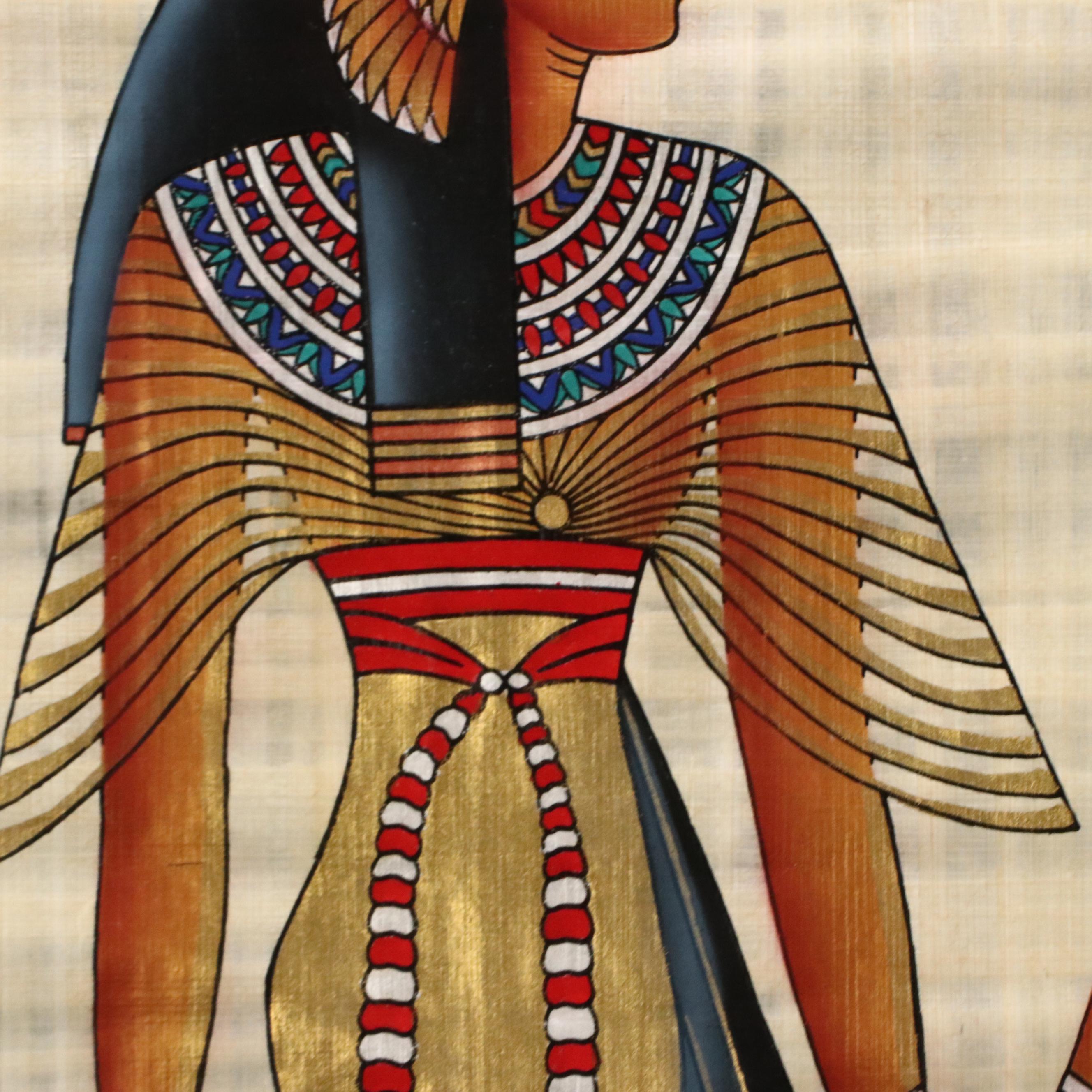 Egyptian Style Souvenir Gouache Painting on Papyrus of Isis Leading Nefertari