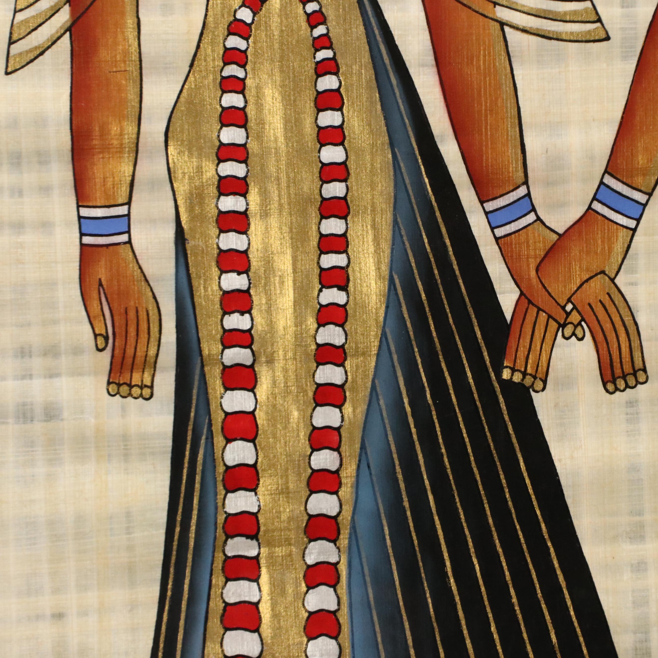 Egyptian Style Souvenir Gouache Painting on Papyrus of Isis Leading Nefertari