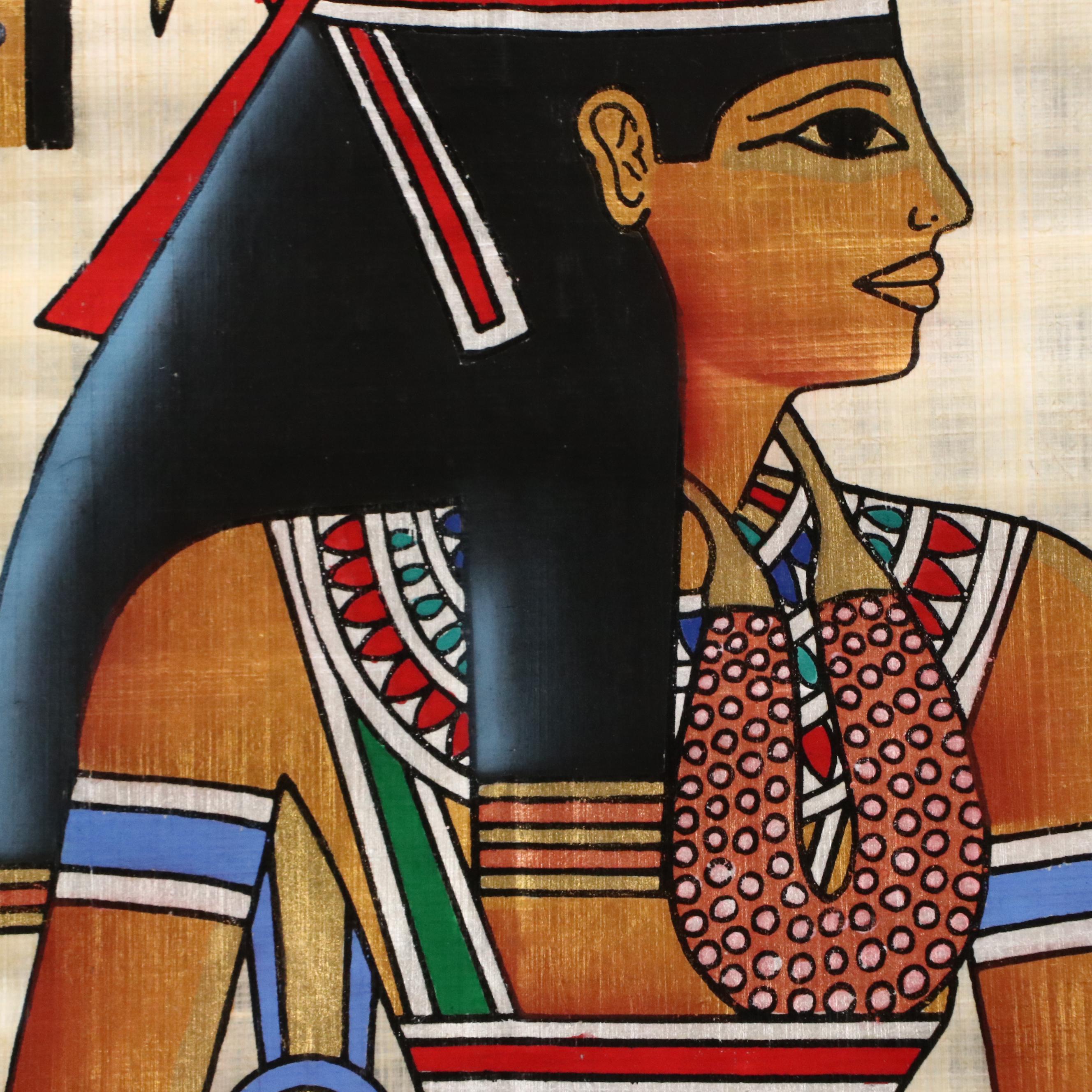 Egyptian Style Souvenir Gouache Painting on Papyrus of Isis Leading Nefertari