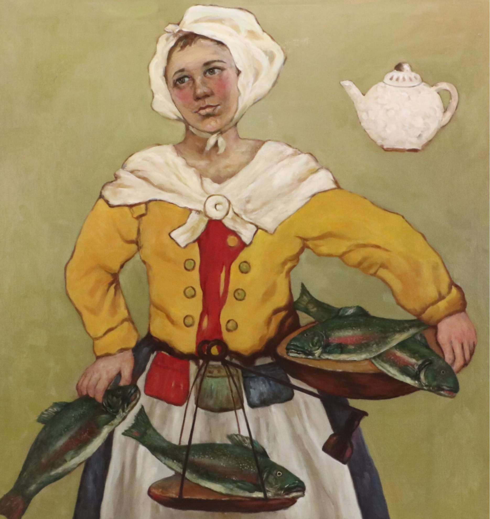 Oil Painting Portrait of Maid Weighing Fish, 21st Century