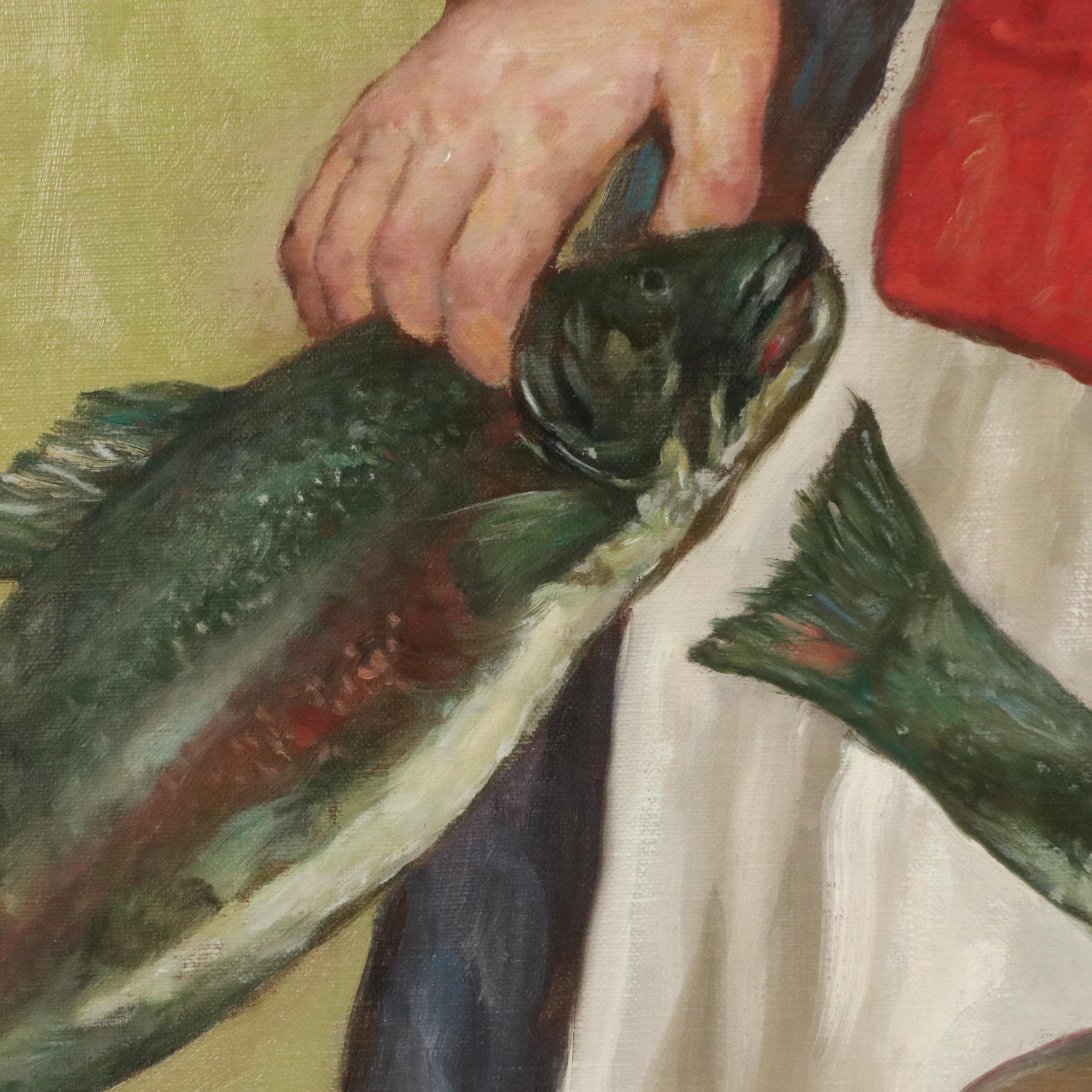 Oil Painting Portrait of Maid Weighing Fish, 21st Century