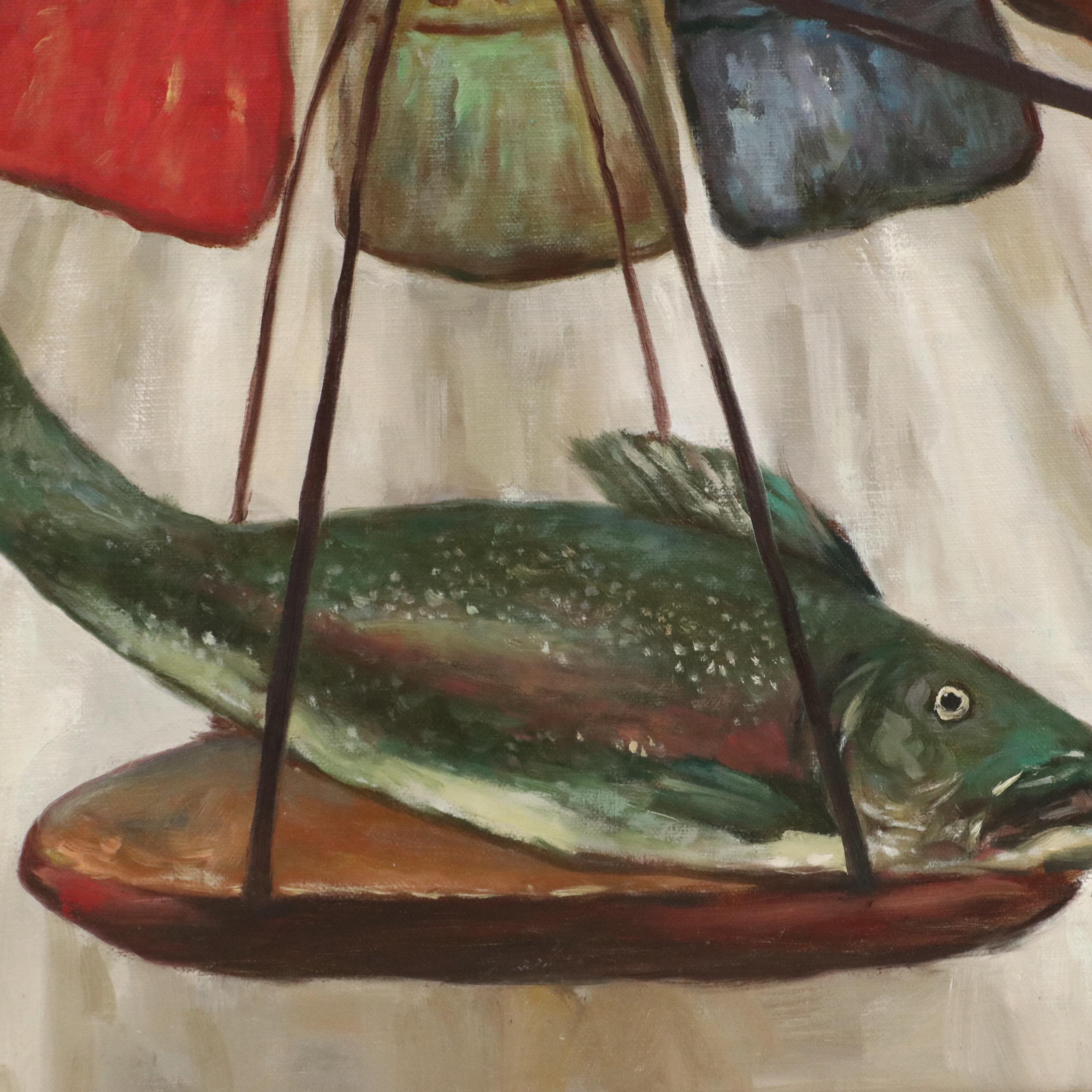 Oil Painting Portrait of Maid Weighing Fish, 21st Century