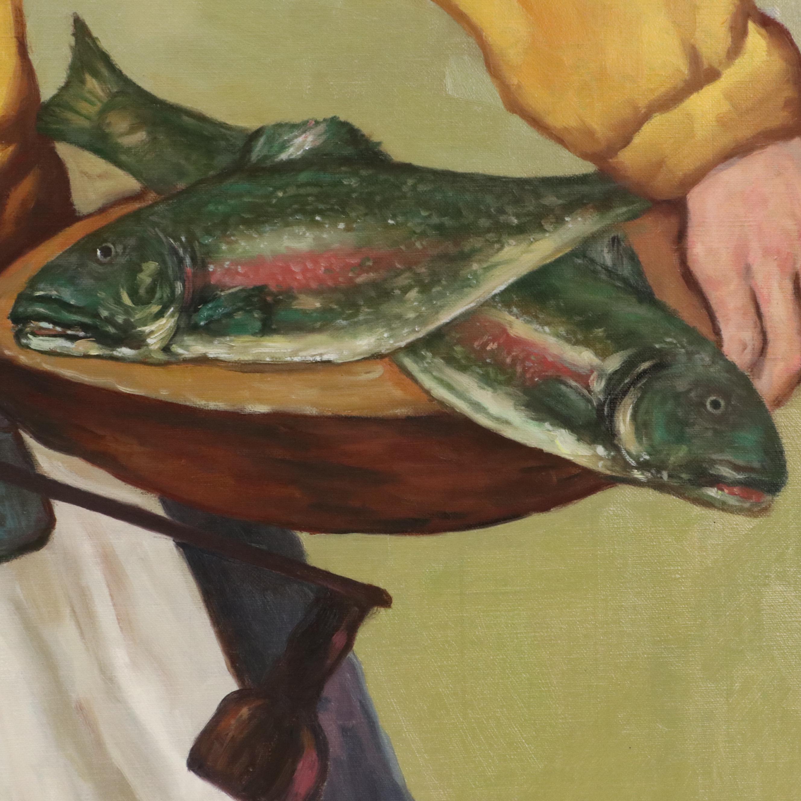 Oil Painting Portrait of Maid Weighing Fish, 21st Century