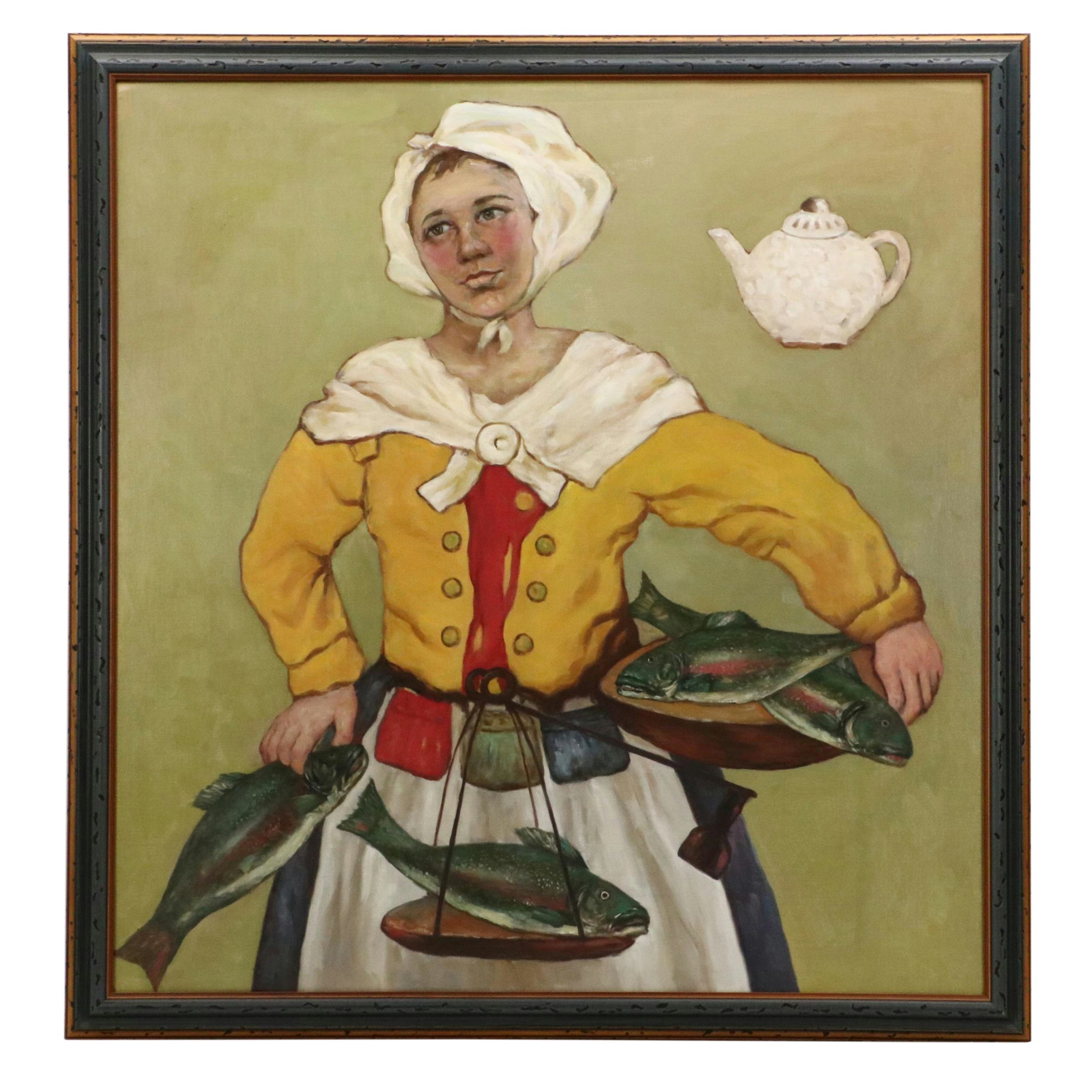 Oil Painting Portrait of Maid Weighing Fish, 21st Century