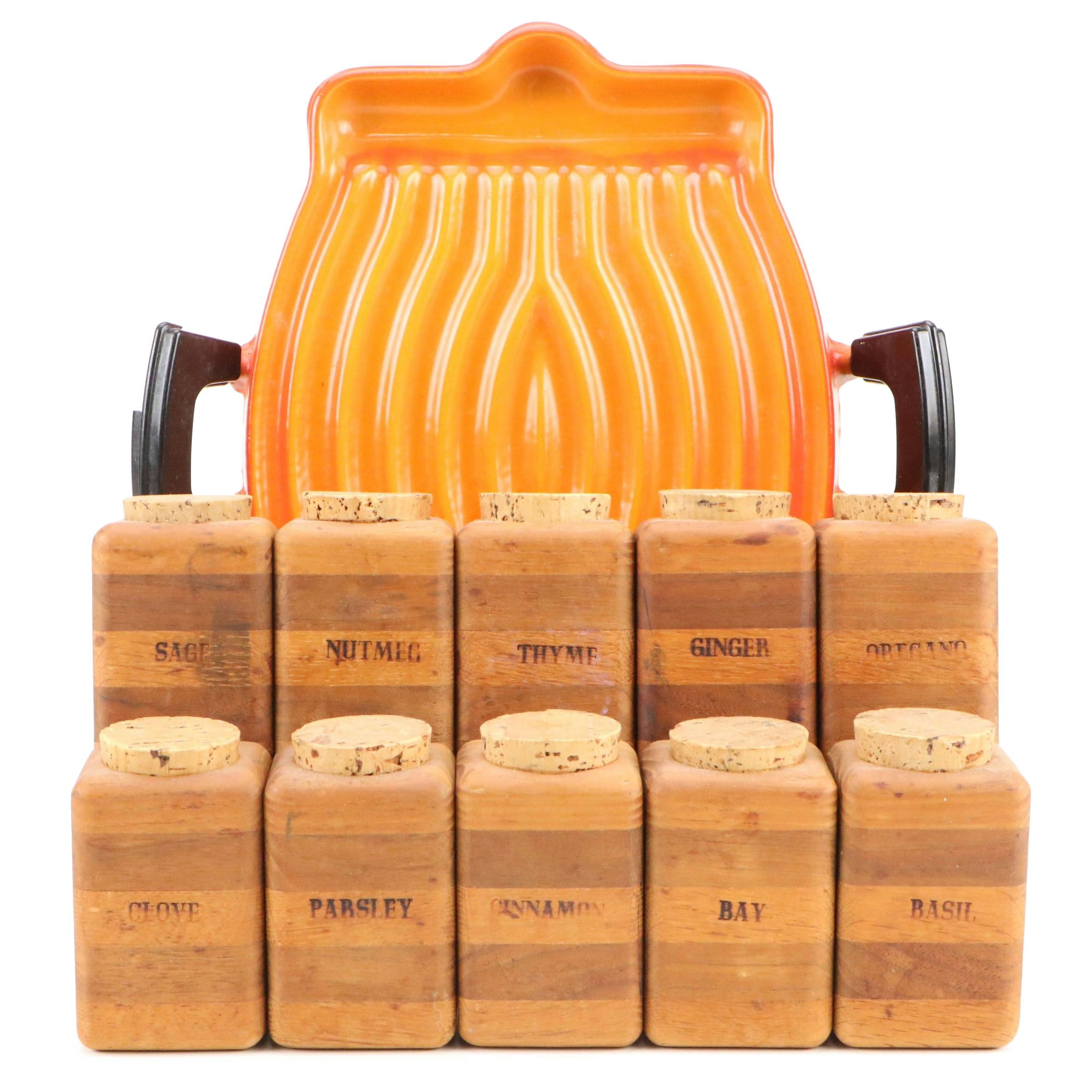 Le Creuset Enameled Cast Iron "Tostador" Pan with Other Wooden Spice Bottles