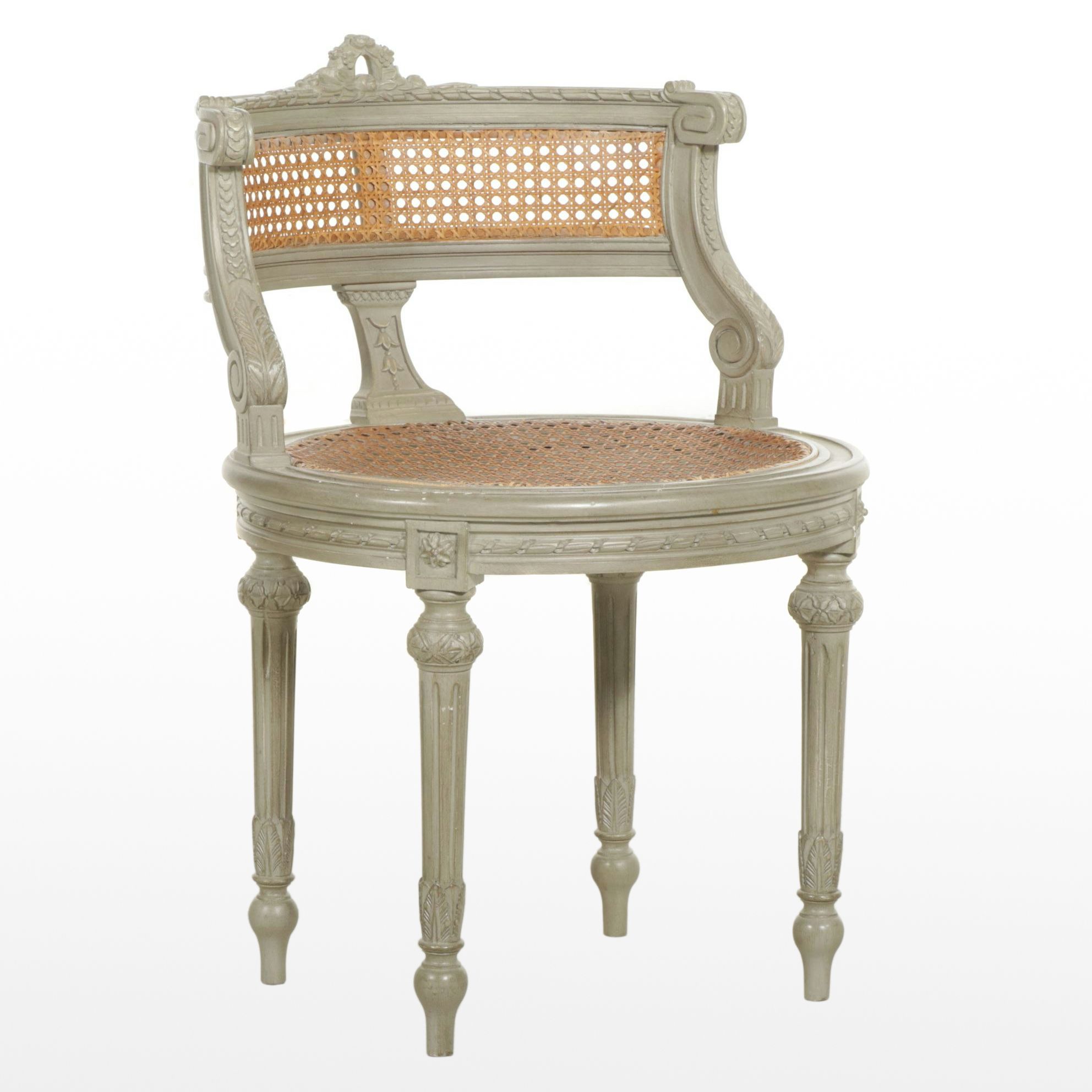 Louis XVI Style Painted Boudoir Chair with Woven Cane Seat