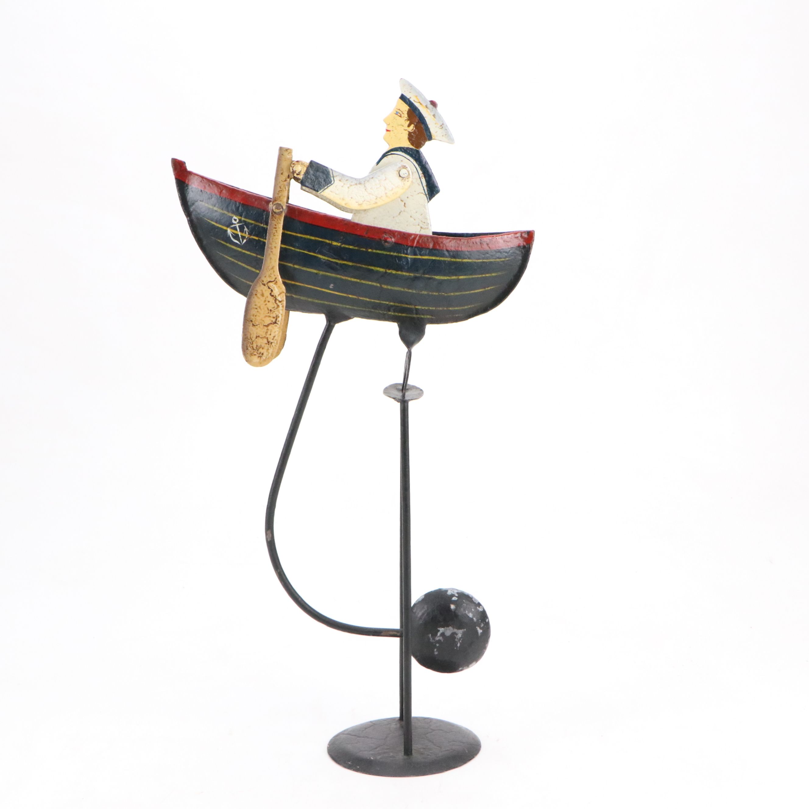 Folk Art Hand-Painted Sailor in a Boat Iron Pendulum Toy