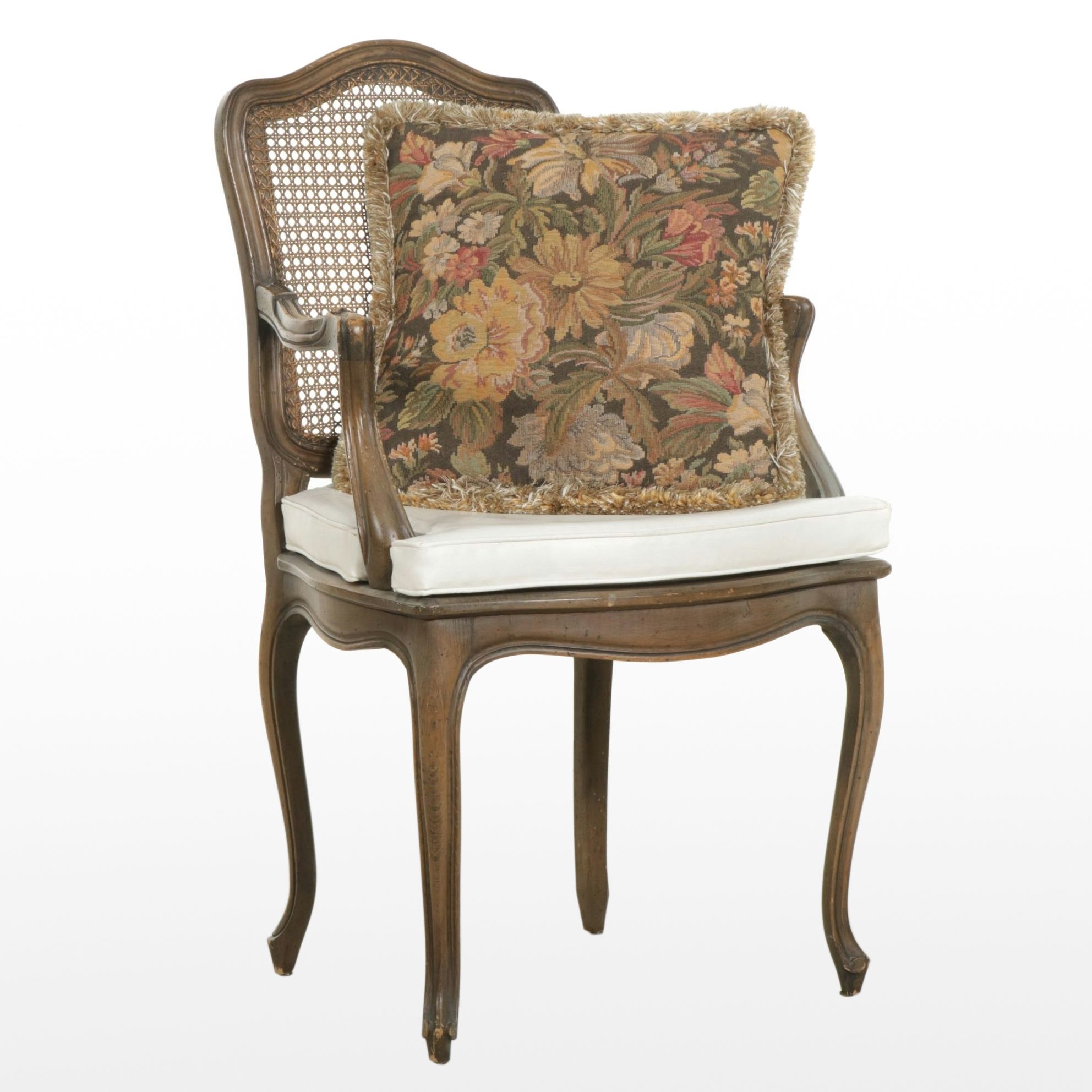 French Provincial Fauteuil with Woven Cane Seat and Back and Seat Cushion