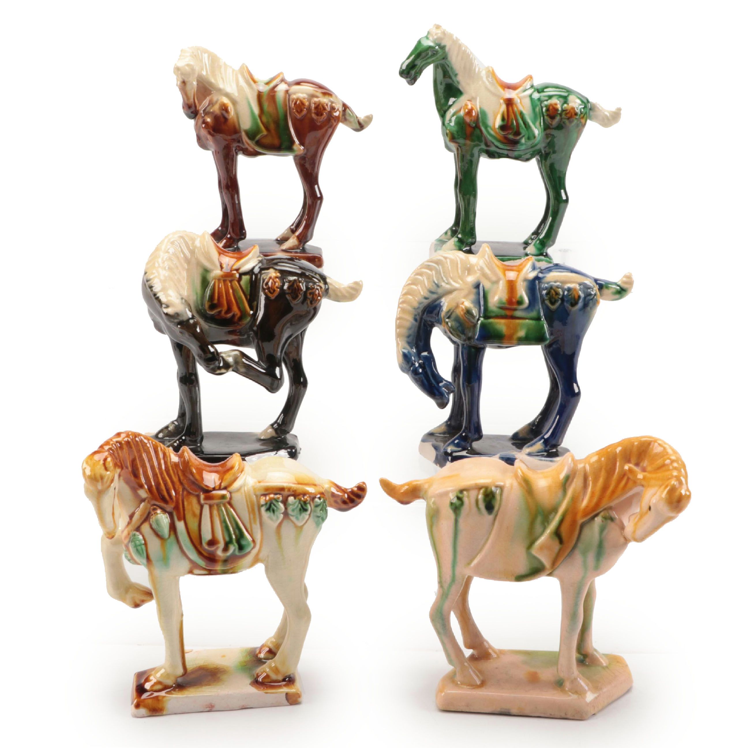 Chinese Tang Dynasty Style Sancai Glazed Ceramic Horse Figurines