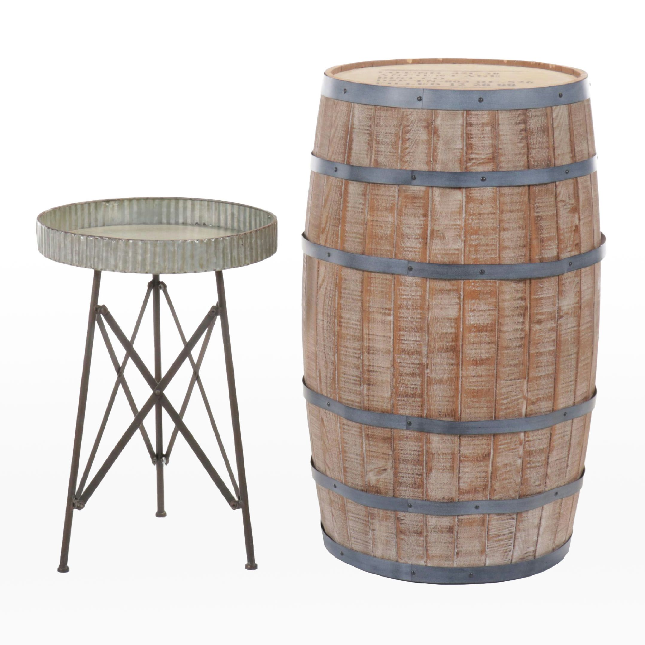 Decorative Wooden Bourbon Barrel and Industrial Style Metal Side Tables