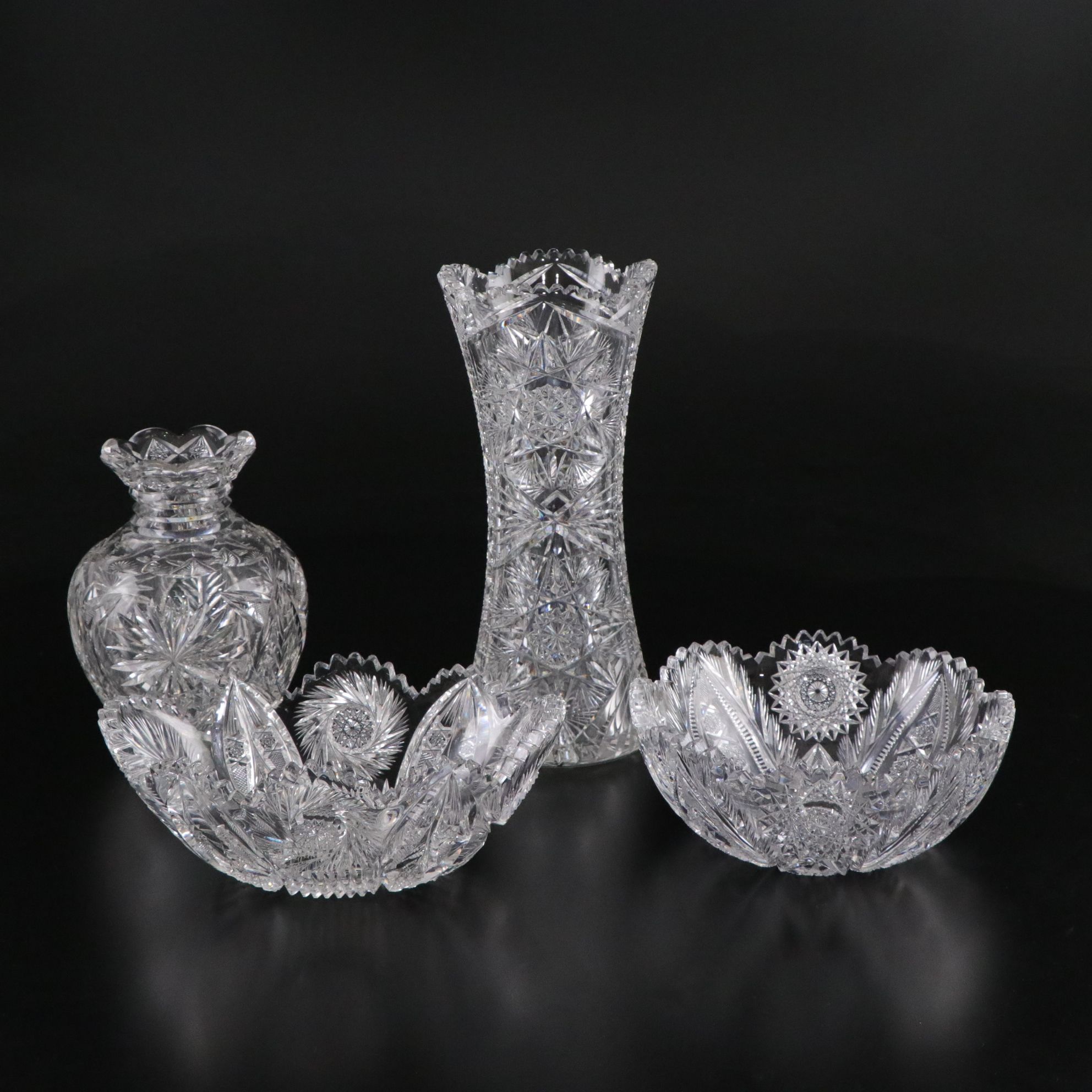 Brilliant Cut Glass Hobstar and Other Vases, Early to Mid-20th Century