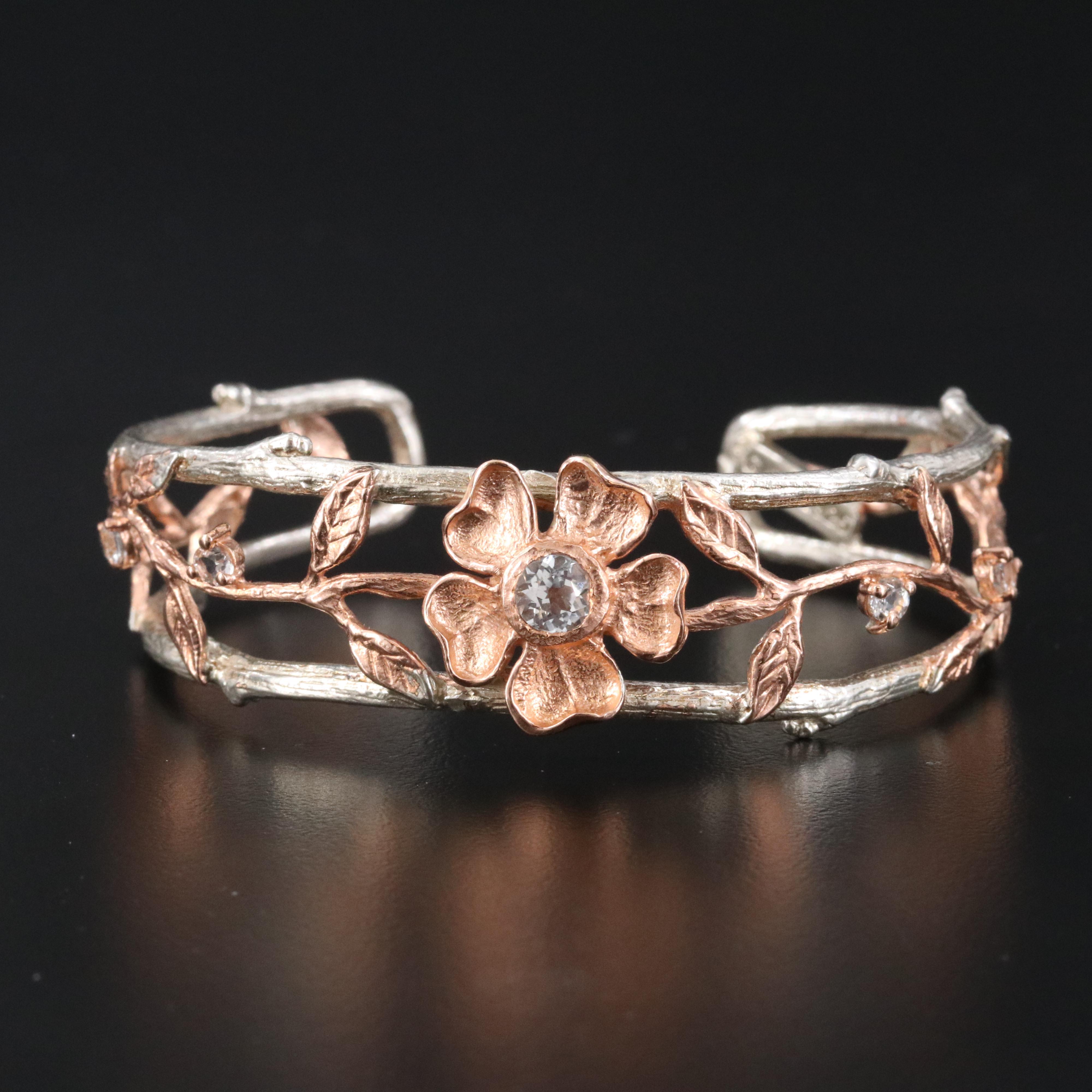 Sterling Floral White Sapphire Cuff Bracelet