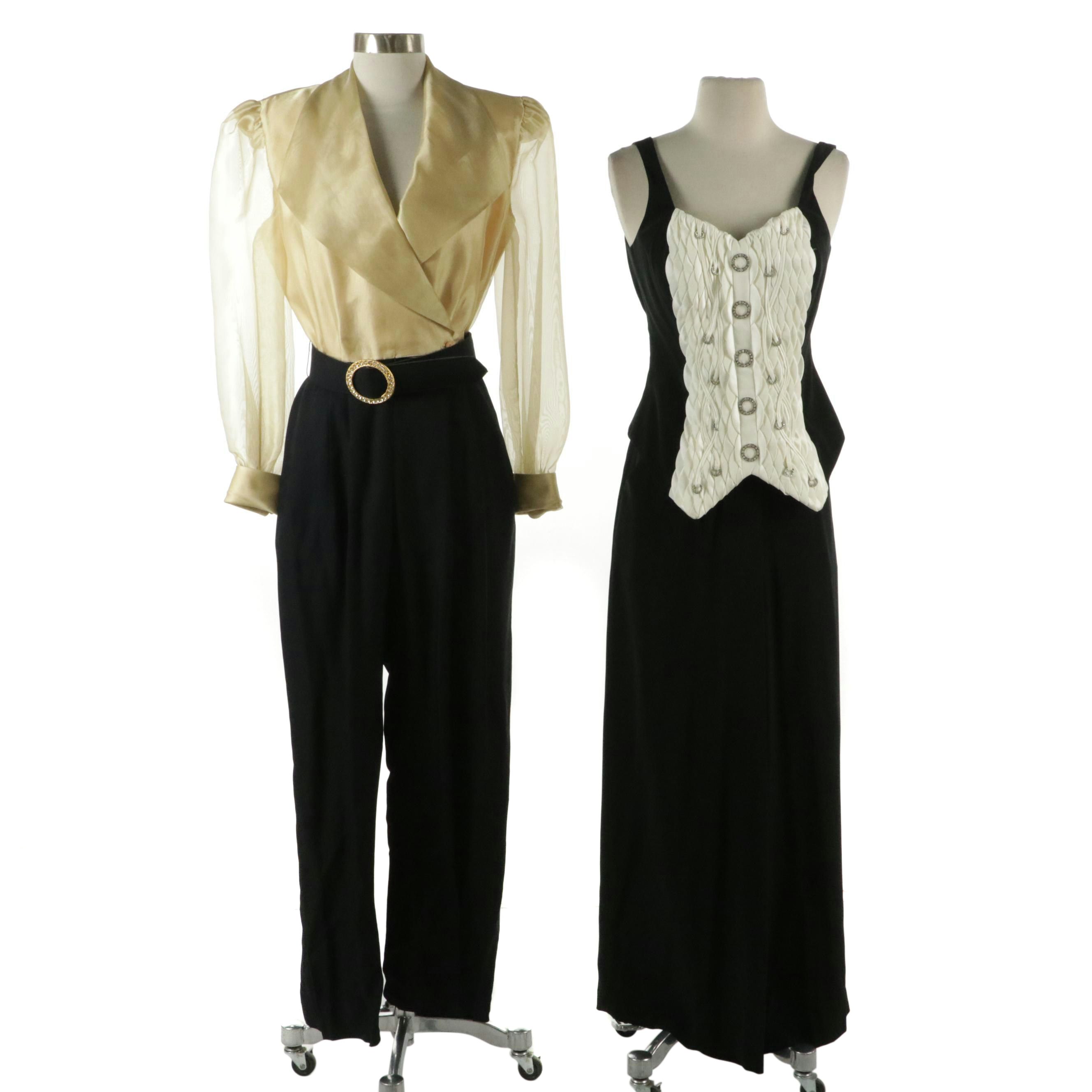 Caché Long Sleeve Jumpsuit and Orlando Rossi Tuxedo Style Pant Set, 1980s