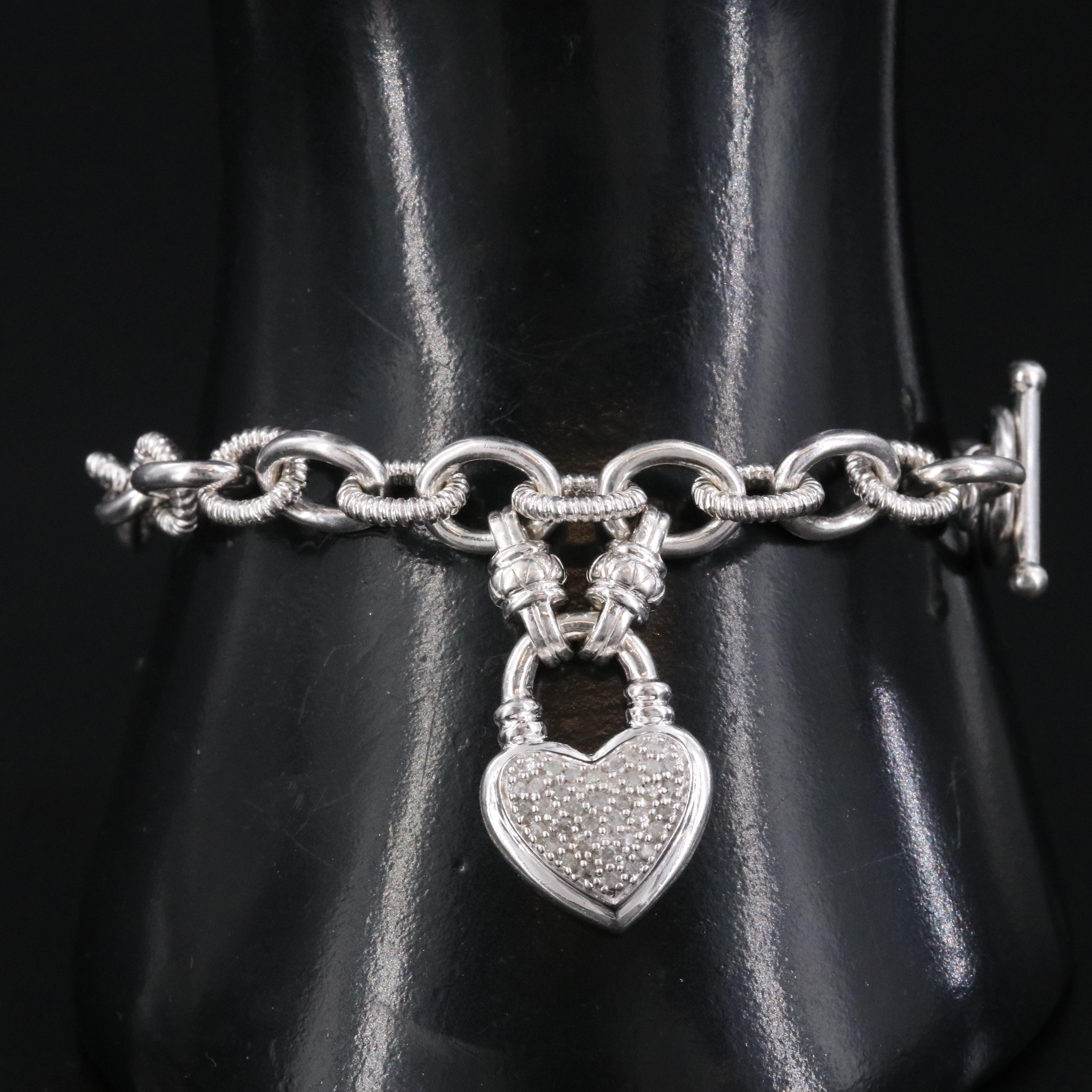 Sterling Diamond Bracelet with Heart Charm