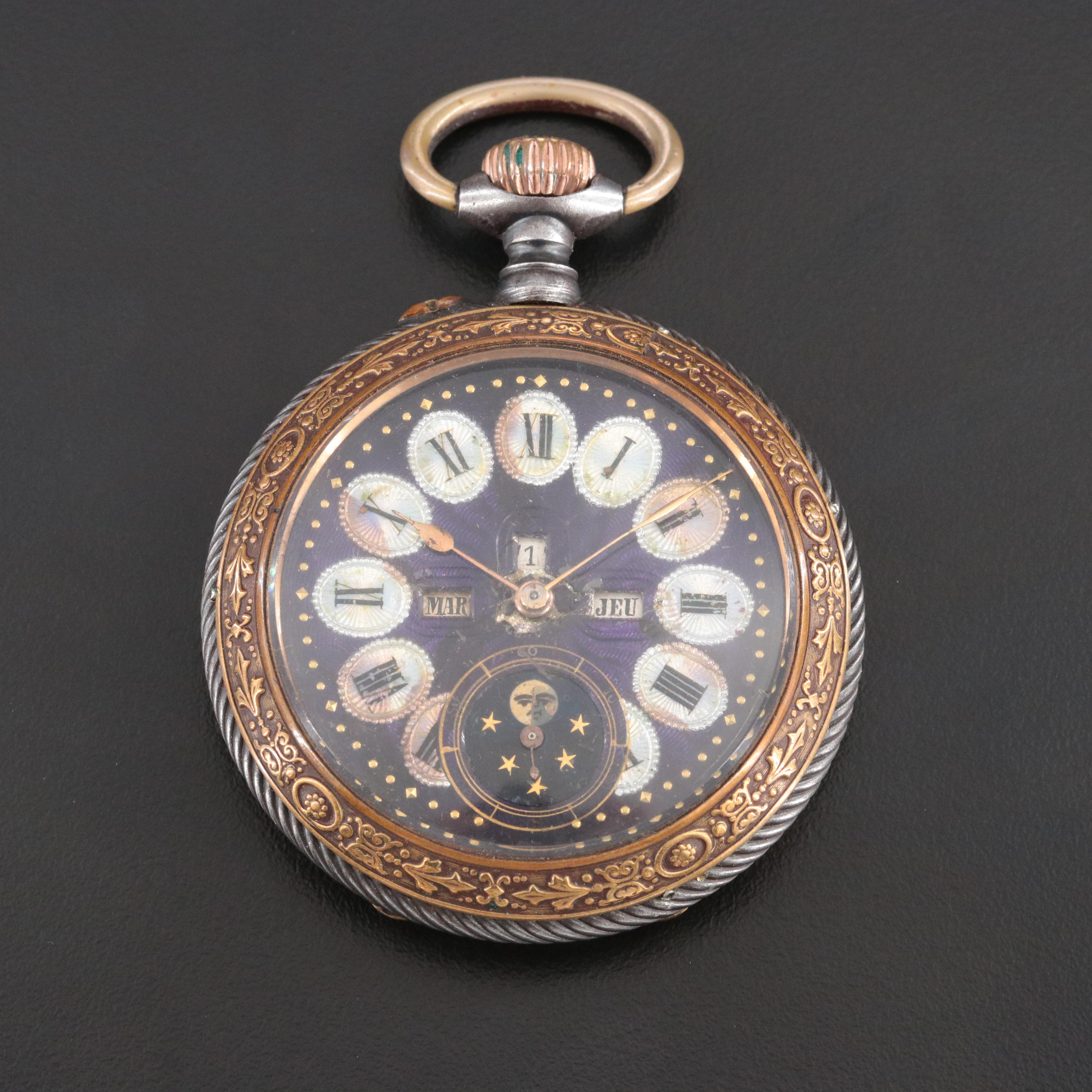 Ornate Vintage Calendar Pocket Watch with Star and Moon Subdial