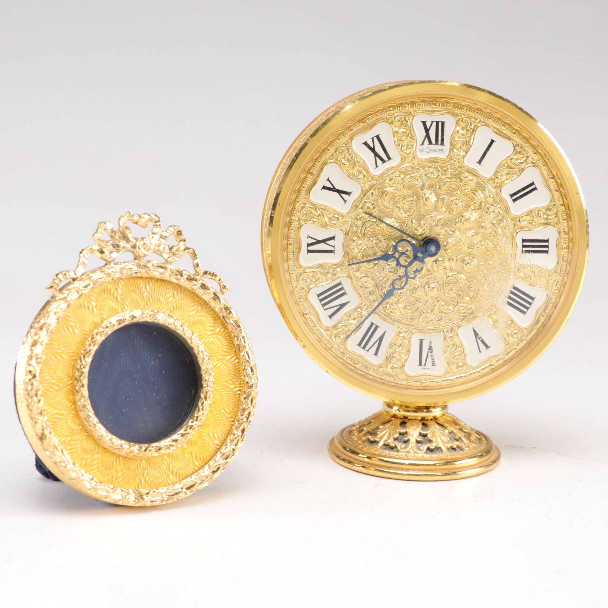 LeCoultre Co. Gilt Desk Clock with Guilloché Mini Frame
