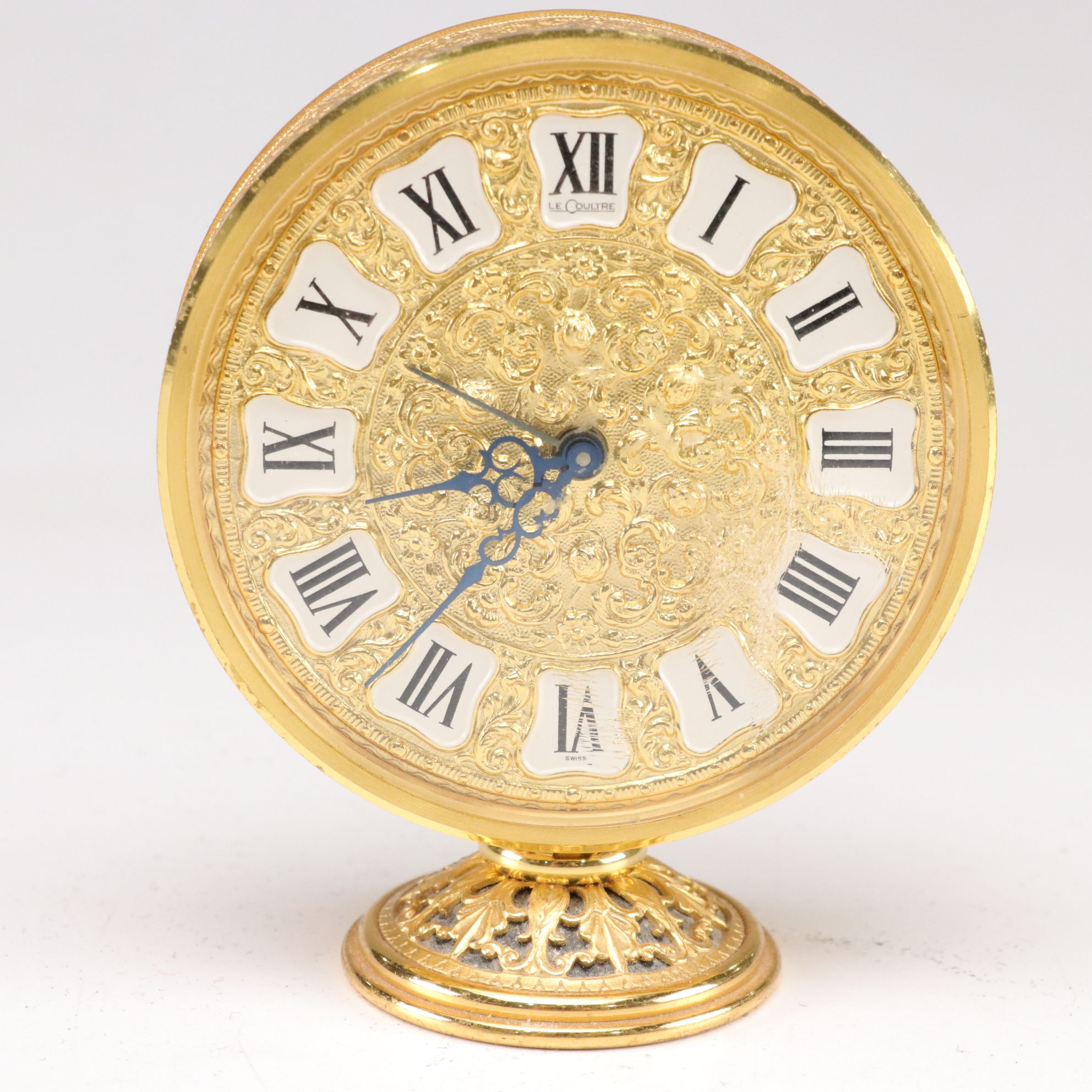 LeCoultre Co. Gilt Desk Clock with Guilloché Mini Frame
