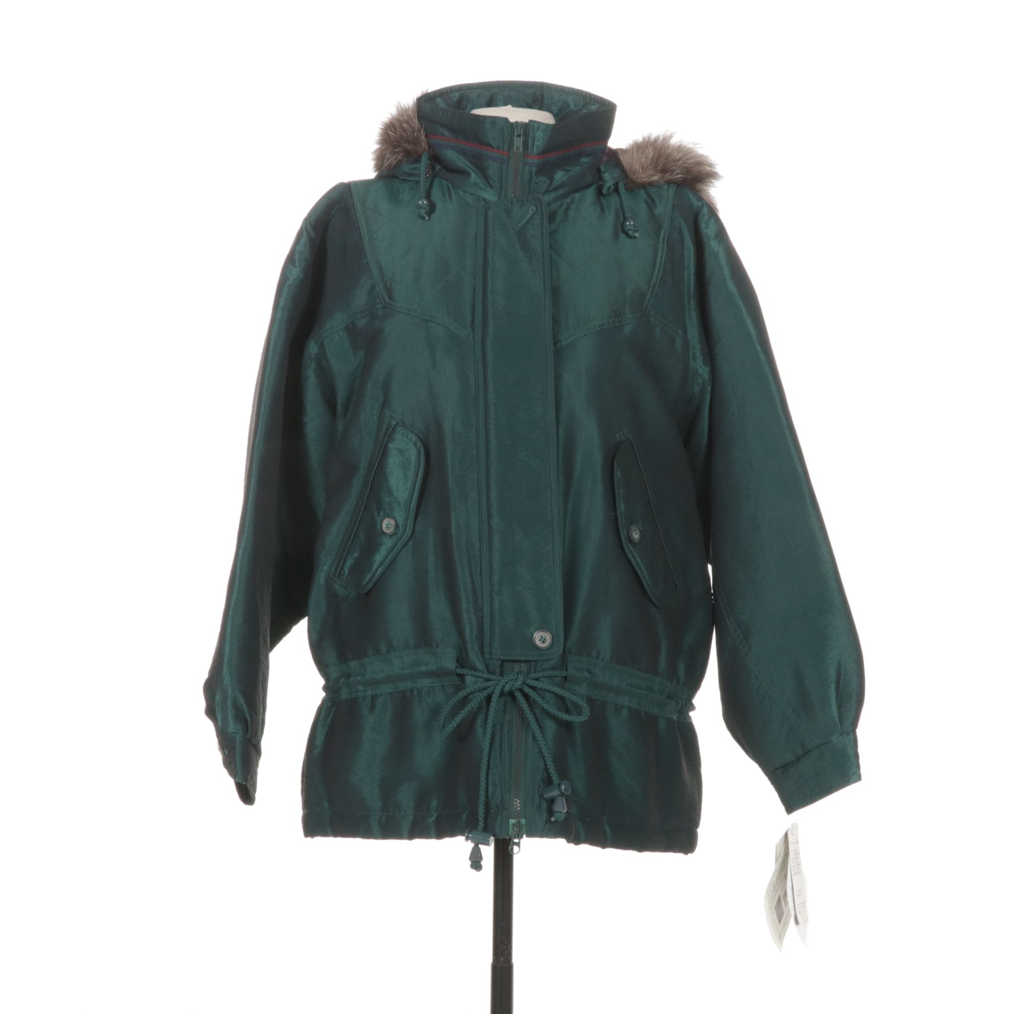 J.G. Hook Teal Thermoloft Double-Zip Coat with Fox Fur Trim, Size 6