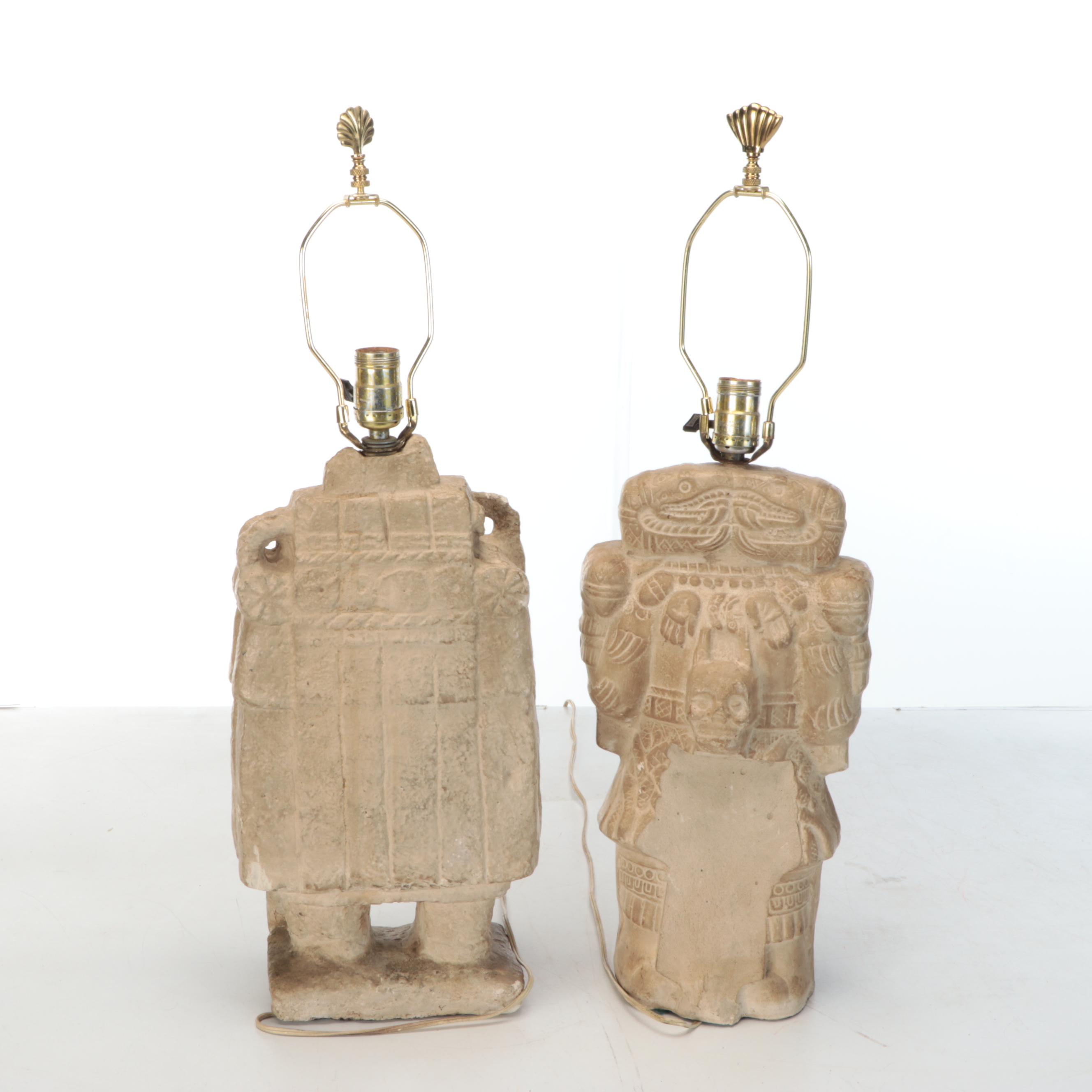 Pair of Mesoamerican Inspired Plaster Table Lamps, Contemporary