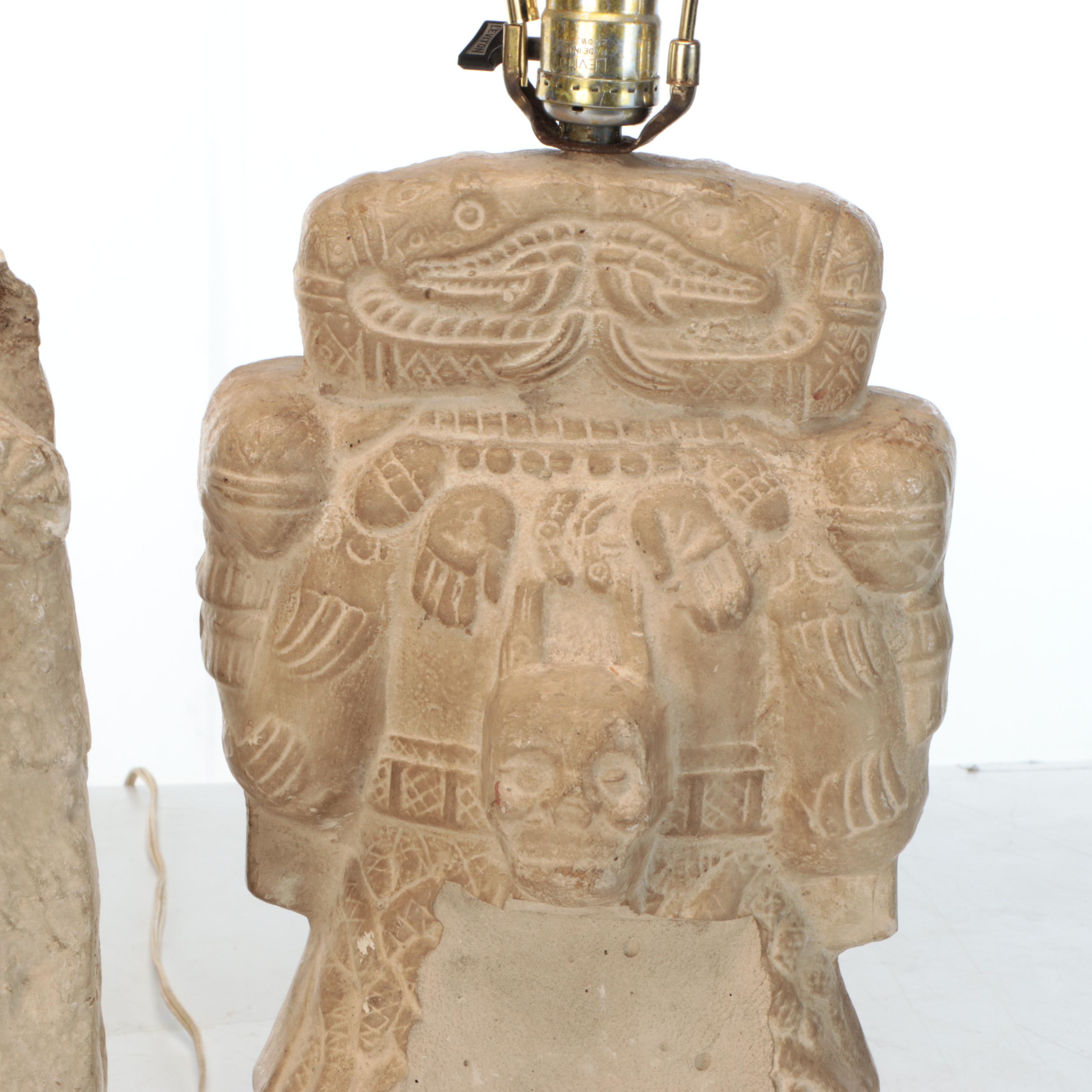 Pair of Mesoamerican Inspired Plaster Table Lamps, Contemporary
