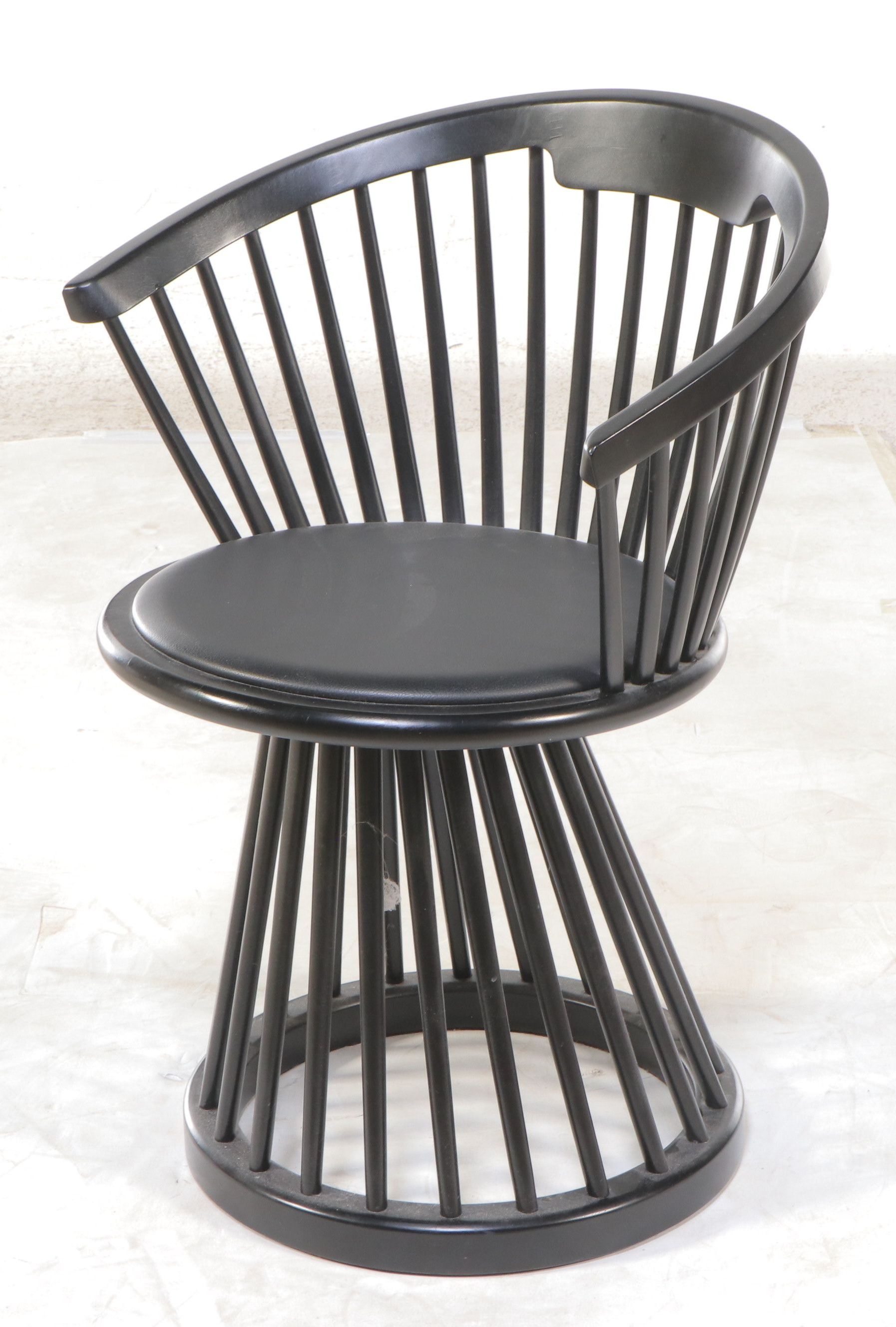 Tom Dixon Style Windsor Style Fan Back Wooden Chair with Leather Seat