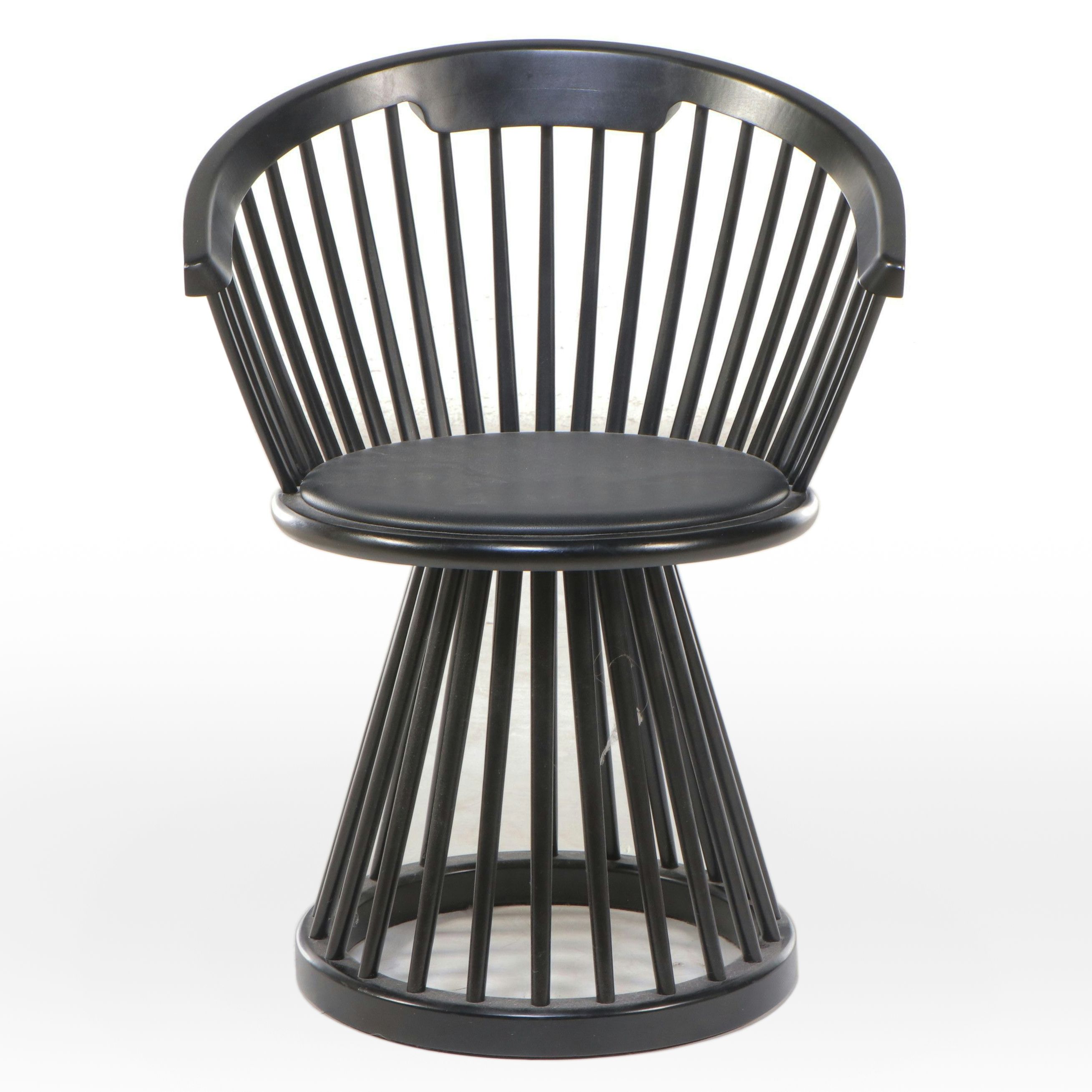 Tom Dixon Style Windsor Style Fan Back Wooden Chair with Leather Seat