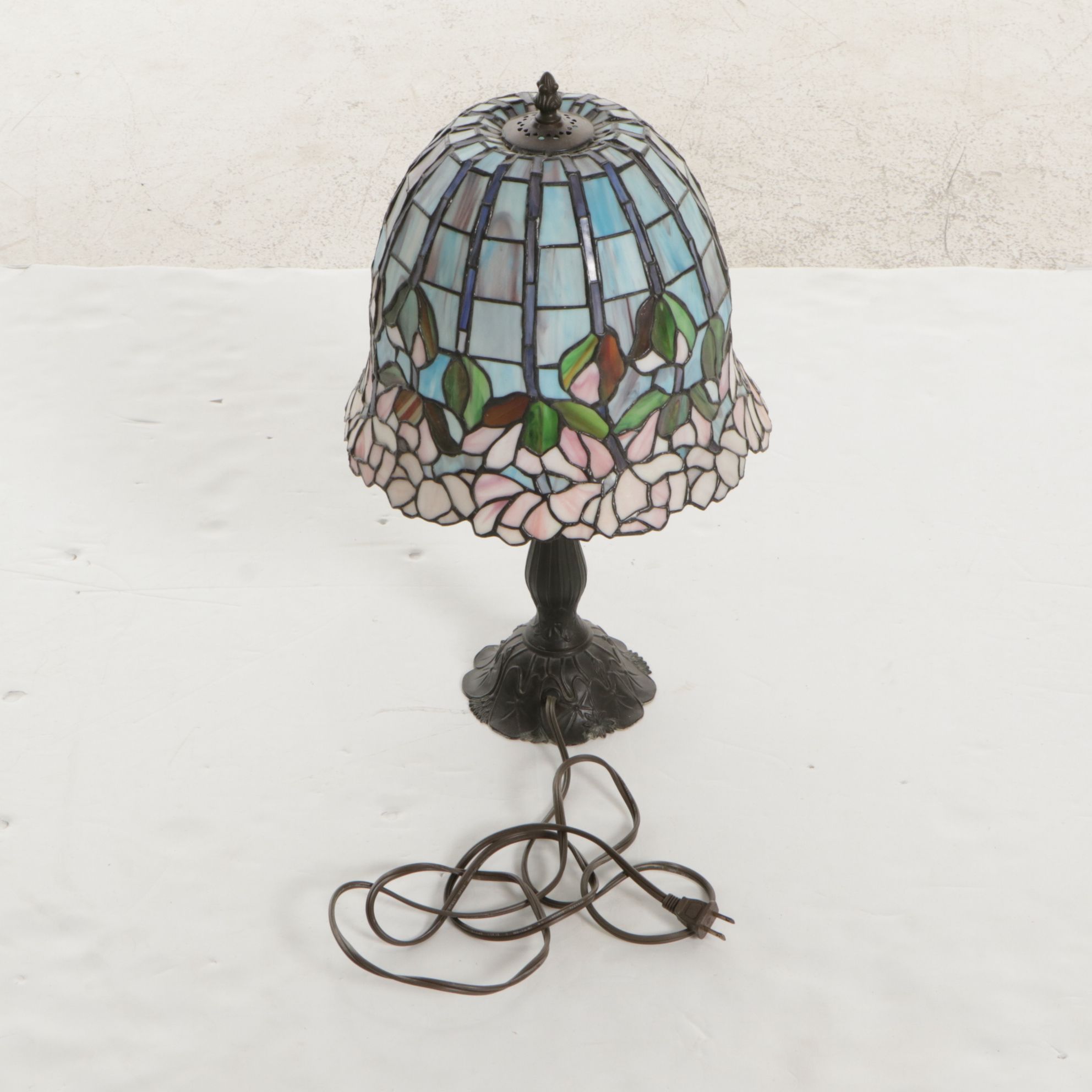 Tiffany Style Flowering Lotus Slag Glass and Cast Metal Table Lamp
