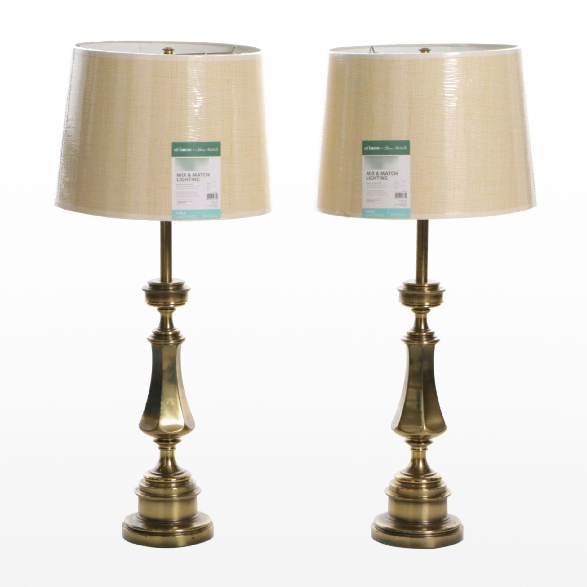 Stiffel Solid Brass Table Lamps with Woven Drum Shades by Grace Mitchell