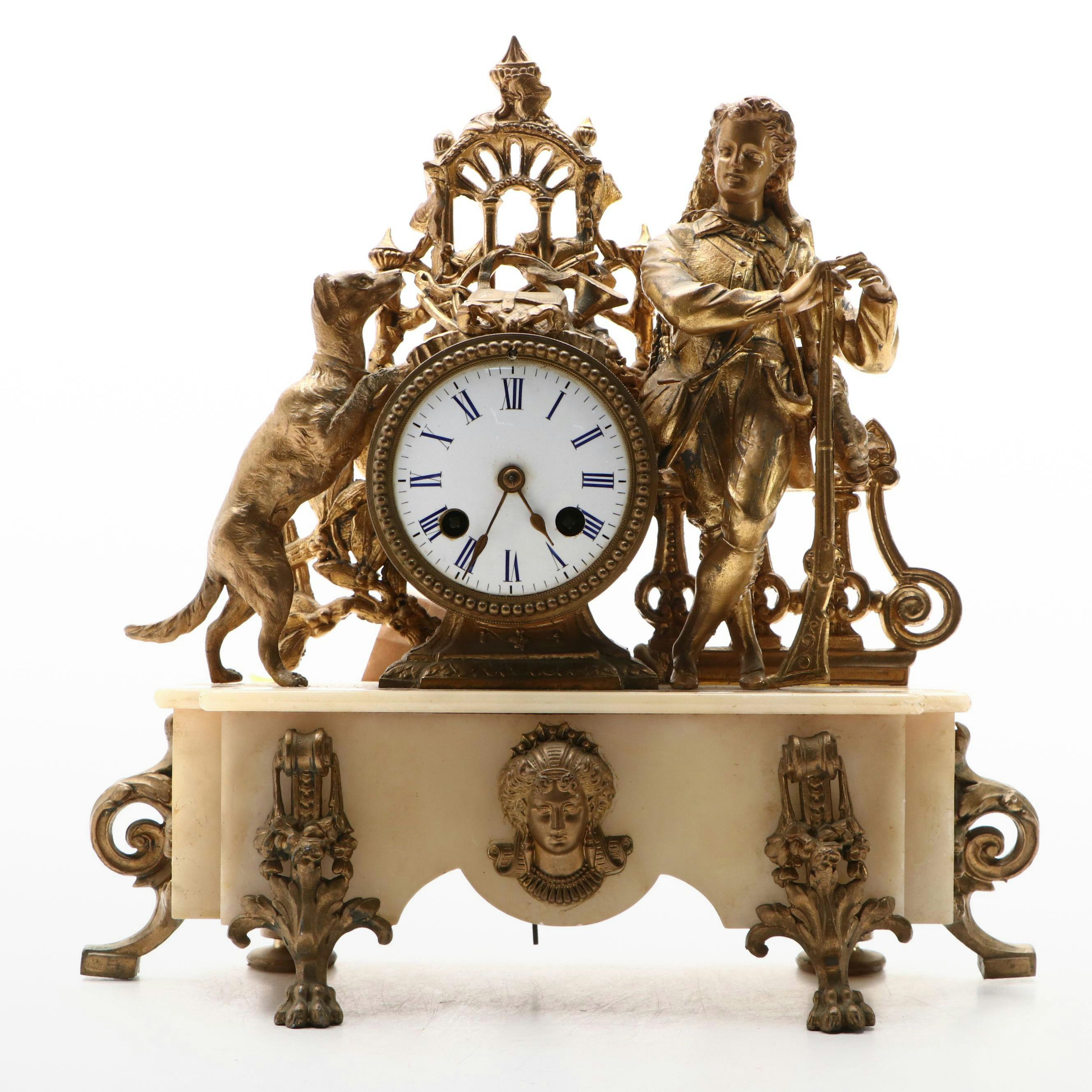 Louis Philippe Style Gilt Metal Figural Mantel Clock on Stone Base