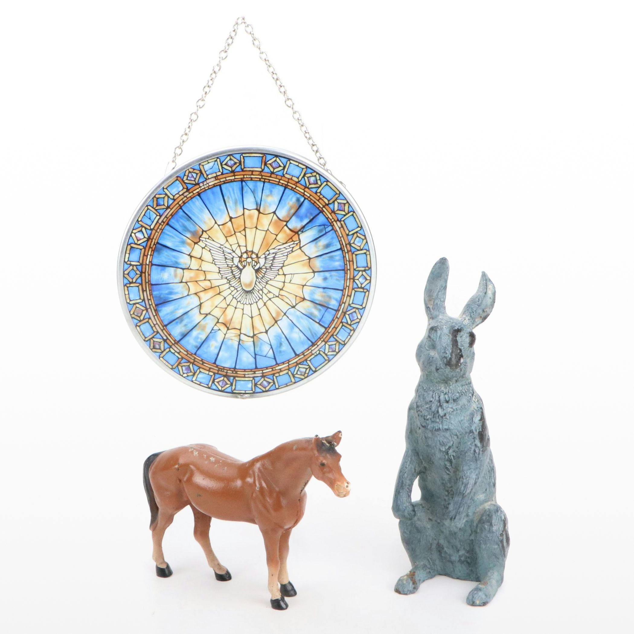 Cast Metal Horse and Rabbit with Printed Glass Holy Spirit Medallion Hanging