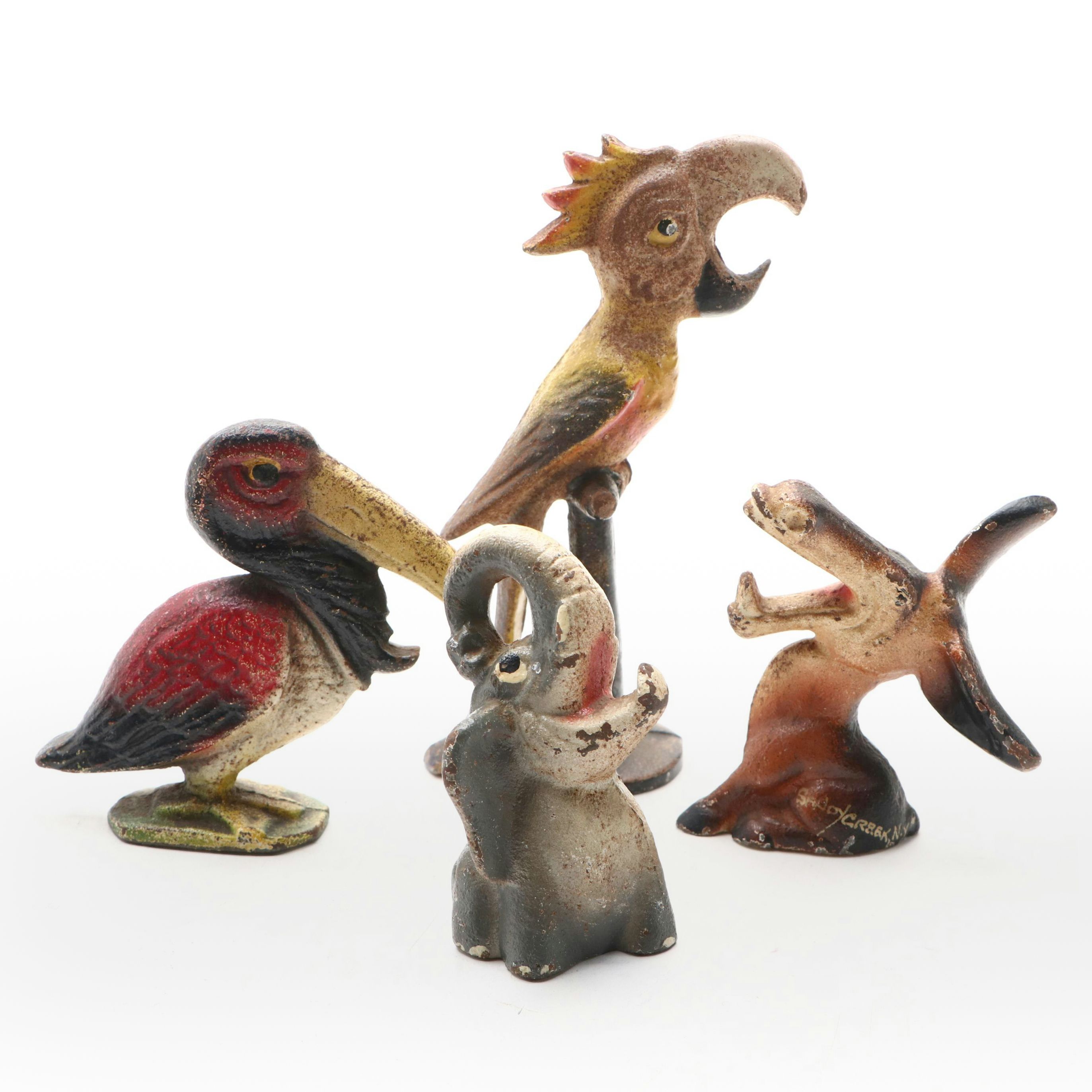 Vintage Painted Cast Iron Elephant, Donkey and Bird Novelty Bottle Openers