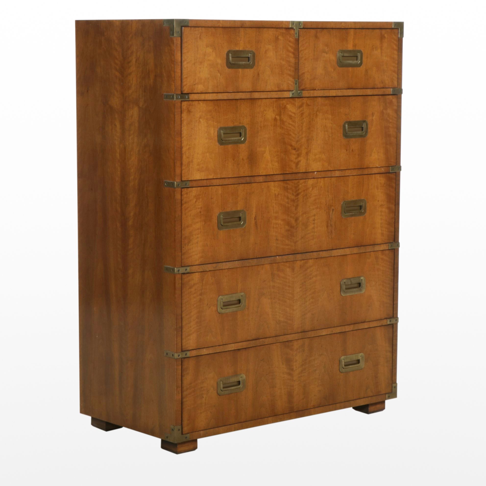 Henredon Campaign Style Walnut Chest of Drawers, Late 20th Century