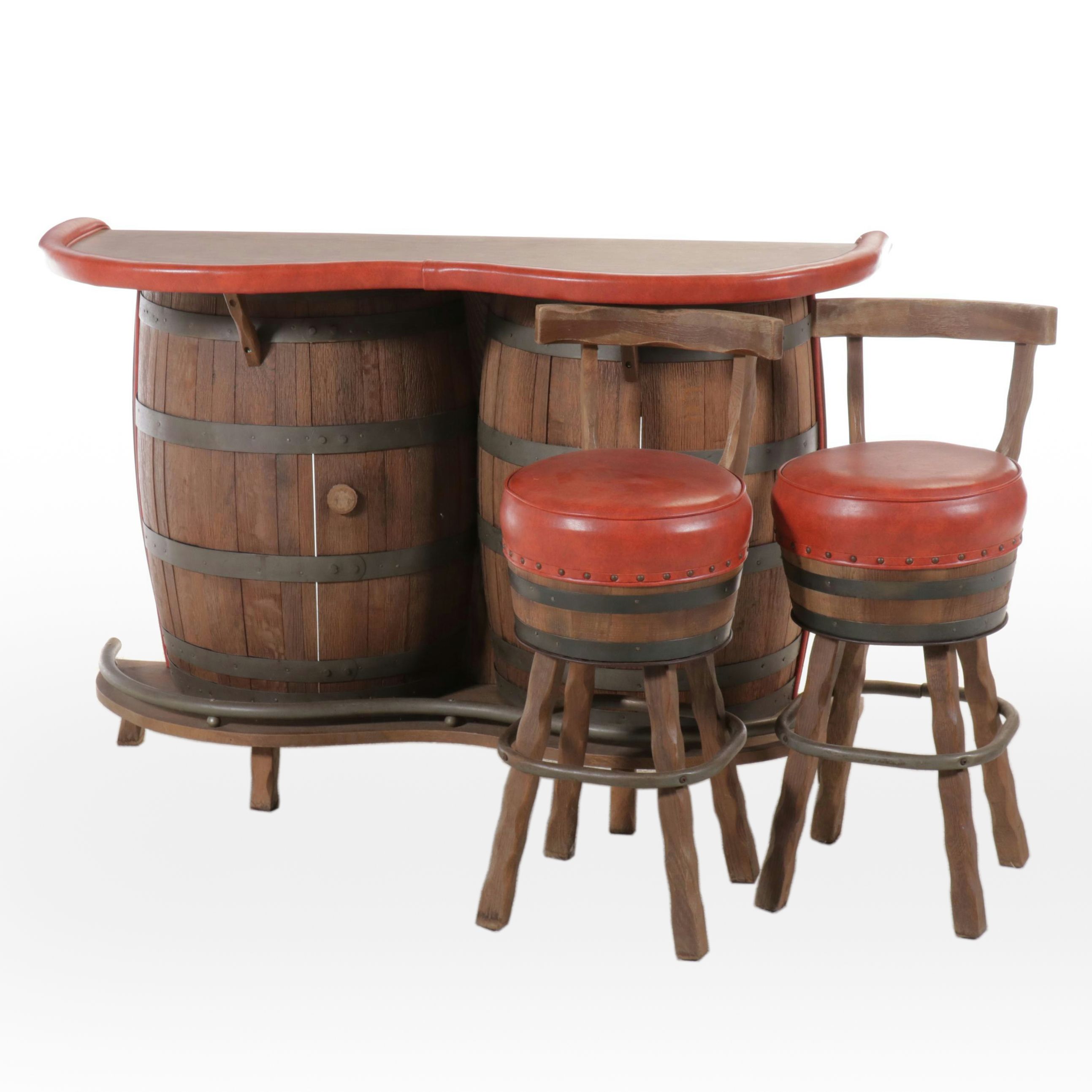 Rustic Custom Built Oak Whiskey Barrel Bar with Stools