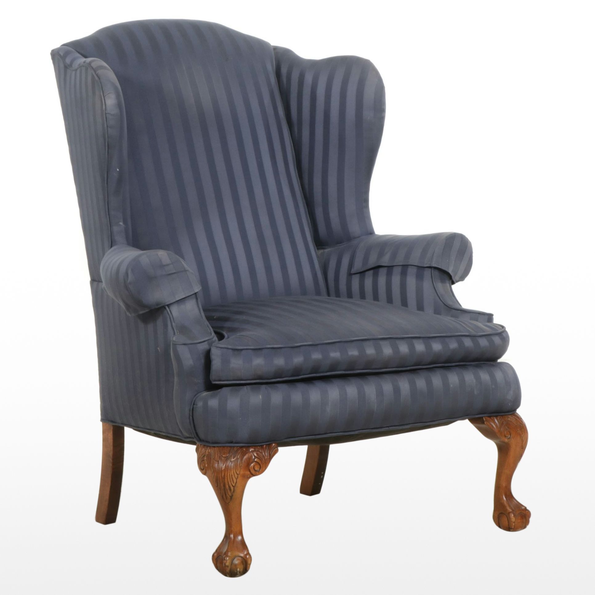 Chippendale Style Wing Back Upholstered Armchair, Late 20th Century