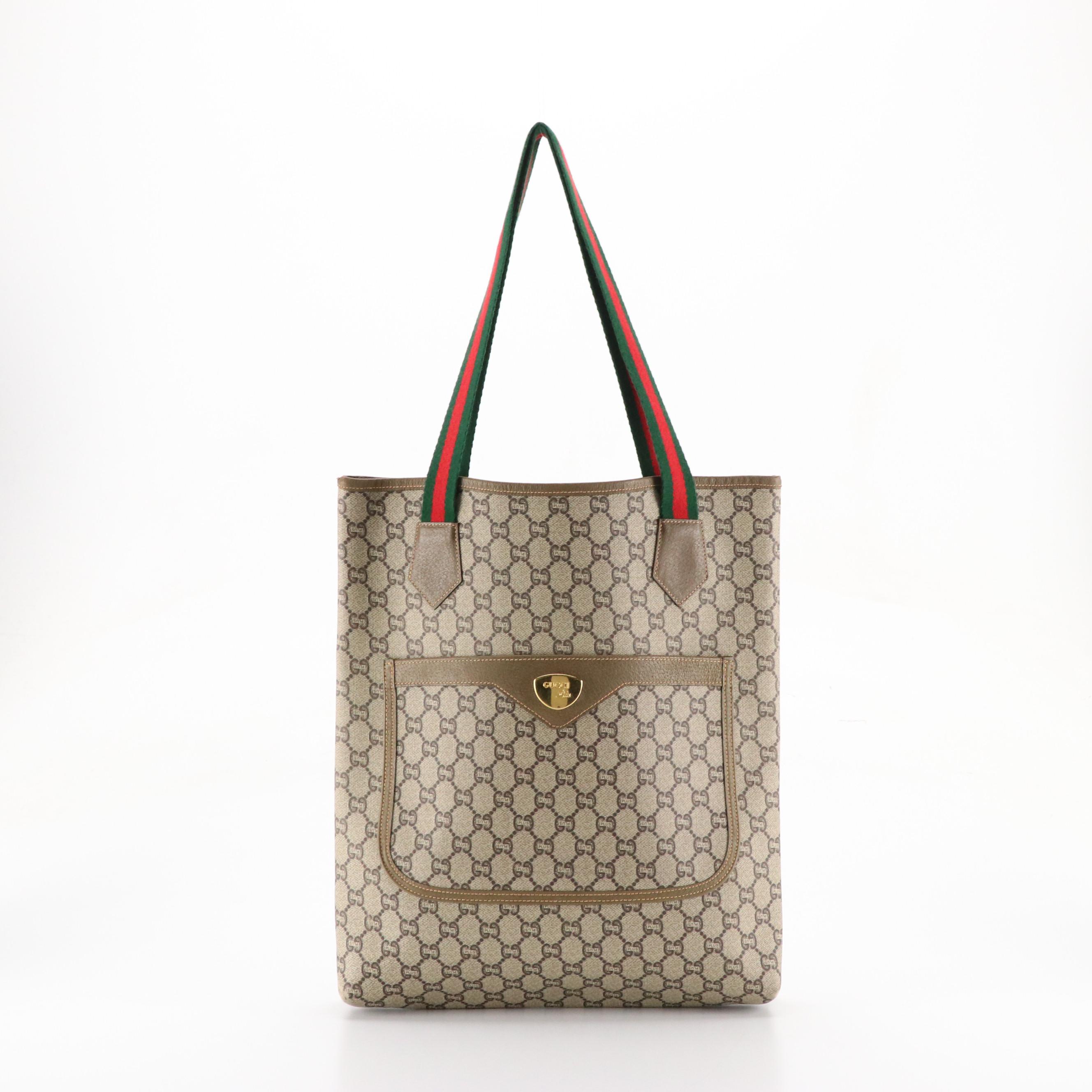 Gucci Plus Front Pocket Tote in GG Supreme Canvas, Leather and Web Straps