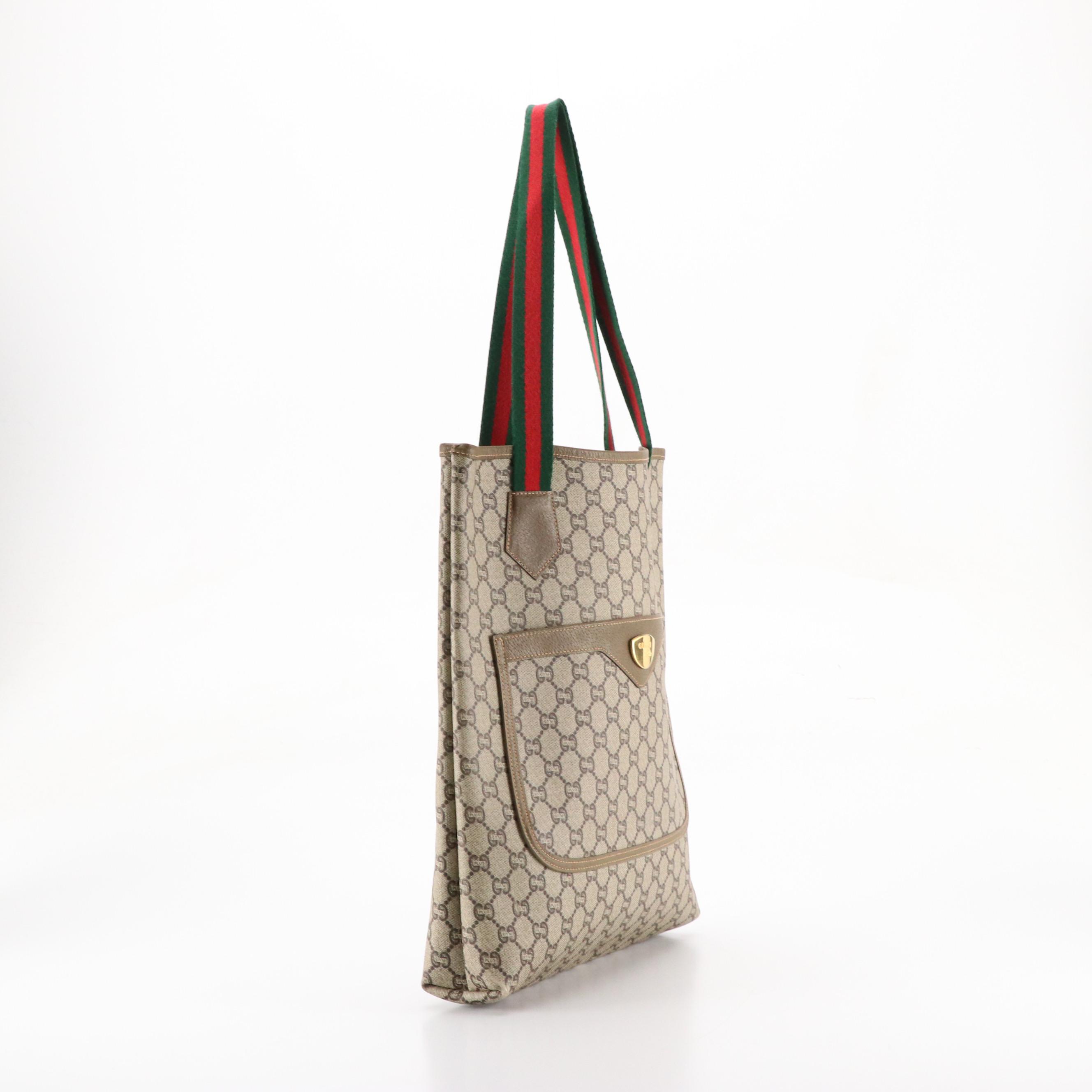 Gucci Plus Front Pocket Tote in GG Supreme Canvas, Leather and Web Straps