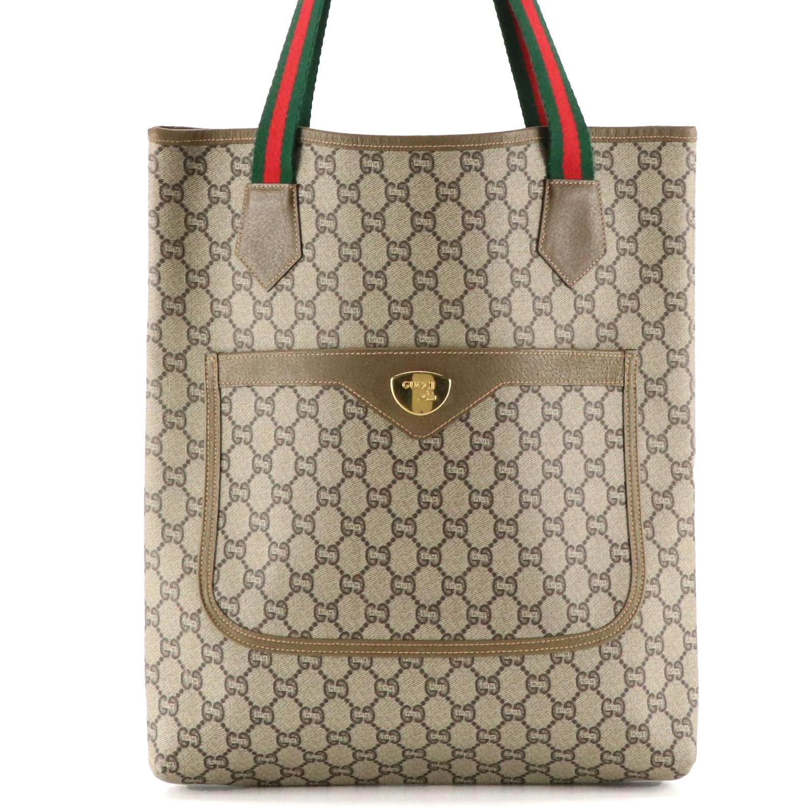 Gucci Plus Front Pocket Tote in GG Supreme Canvas, Leather and Web Straps