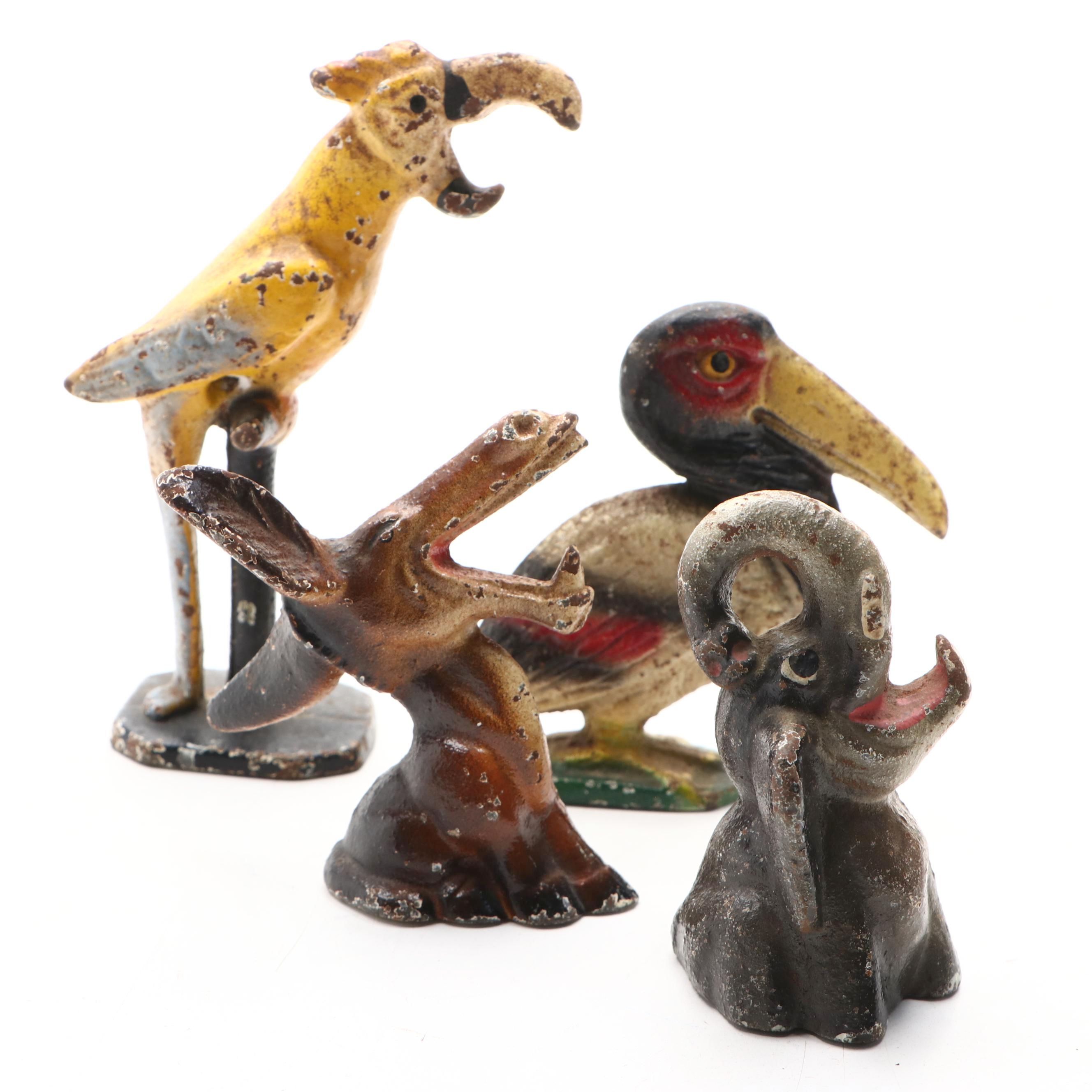 Painted Cast Iron Elephant, Birds and Donkey Bottle Openers, Mid-20th Century