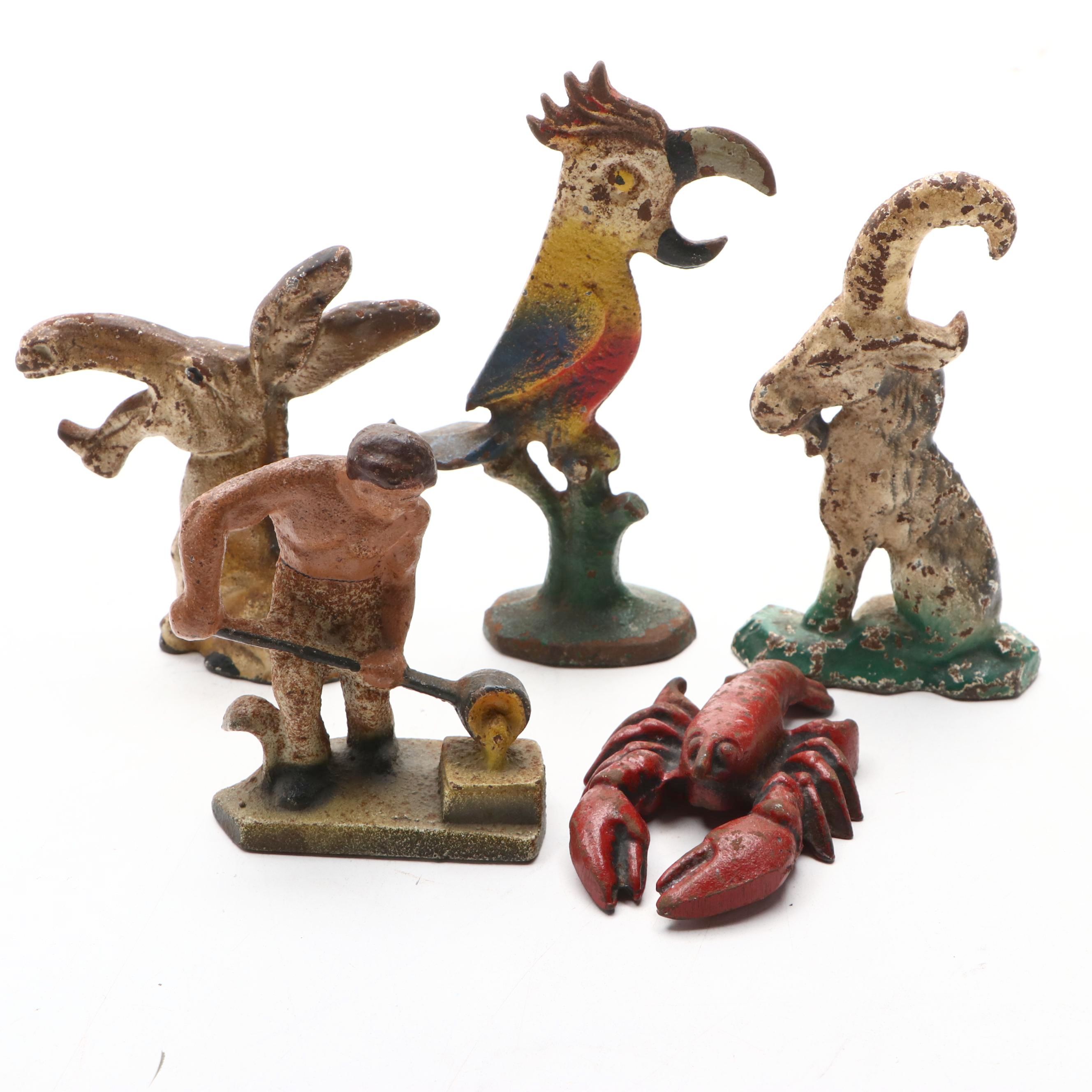 Painted Cast Iron Blacksmith Figural Bottle Openers, Mid-20th Century