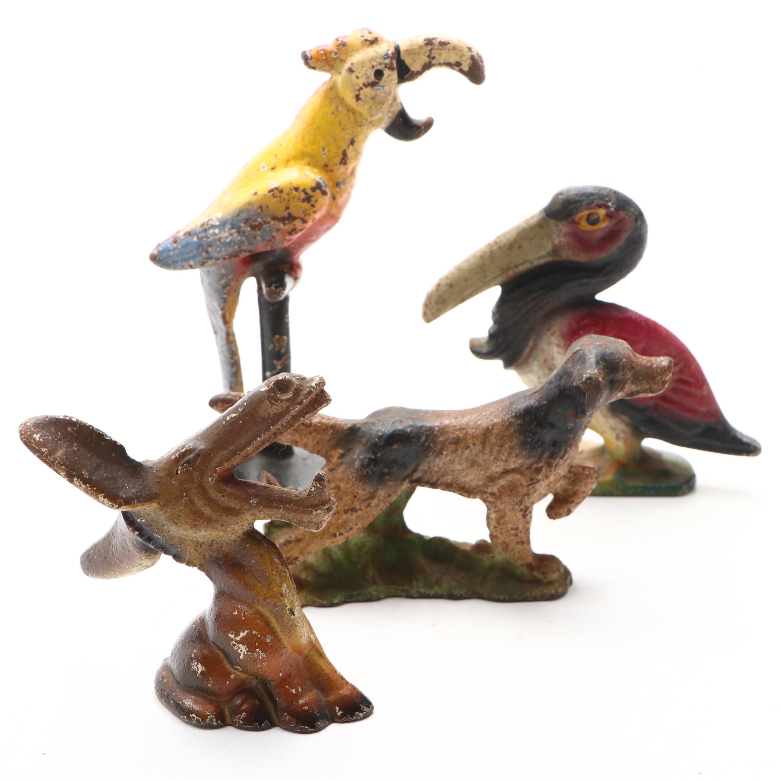 Painted Cast Iron Donkey, Dog, and Bird Bottle Openers, Mid-20th Century