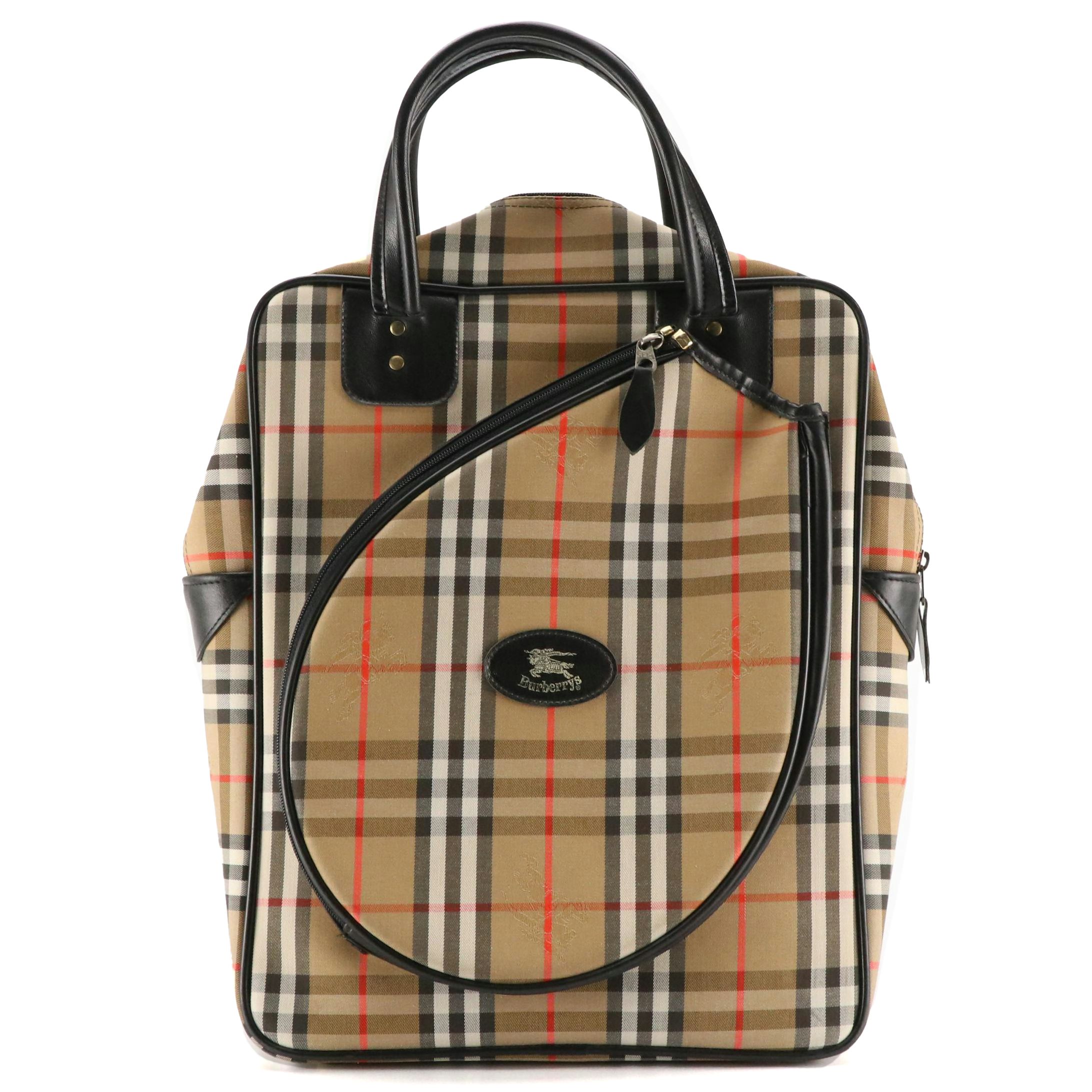 Burberrys Tennis Racket Bag in Haymarket Check Canvas and Black Leather Trim
